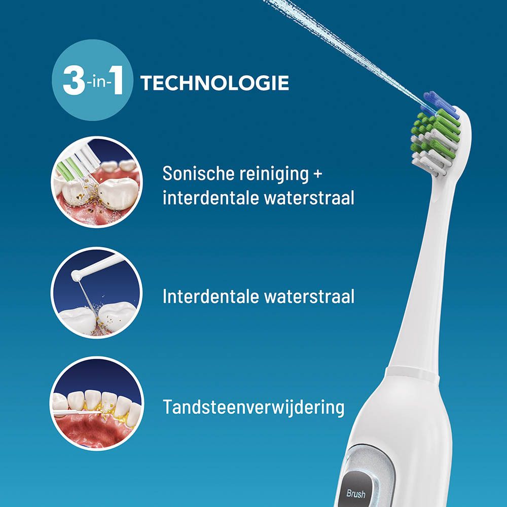 Haepi-Julia tandenborstel met 3-in-1 technologie. Illustratie van functies: sonisch poetsen, waterstraal, tandsteenverwijdering.