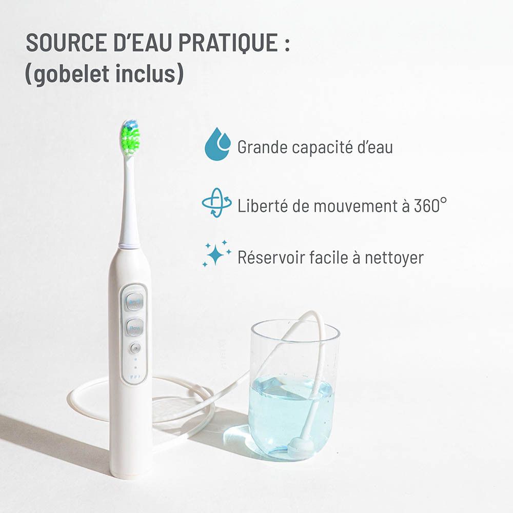 Brosse à dents avec réservoir d'eau. Liberté de mouvement à 360°. Réservoir facile à nettoyer.