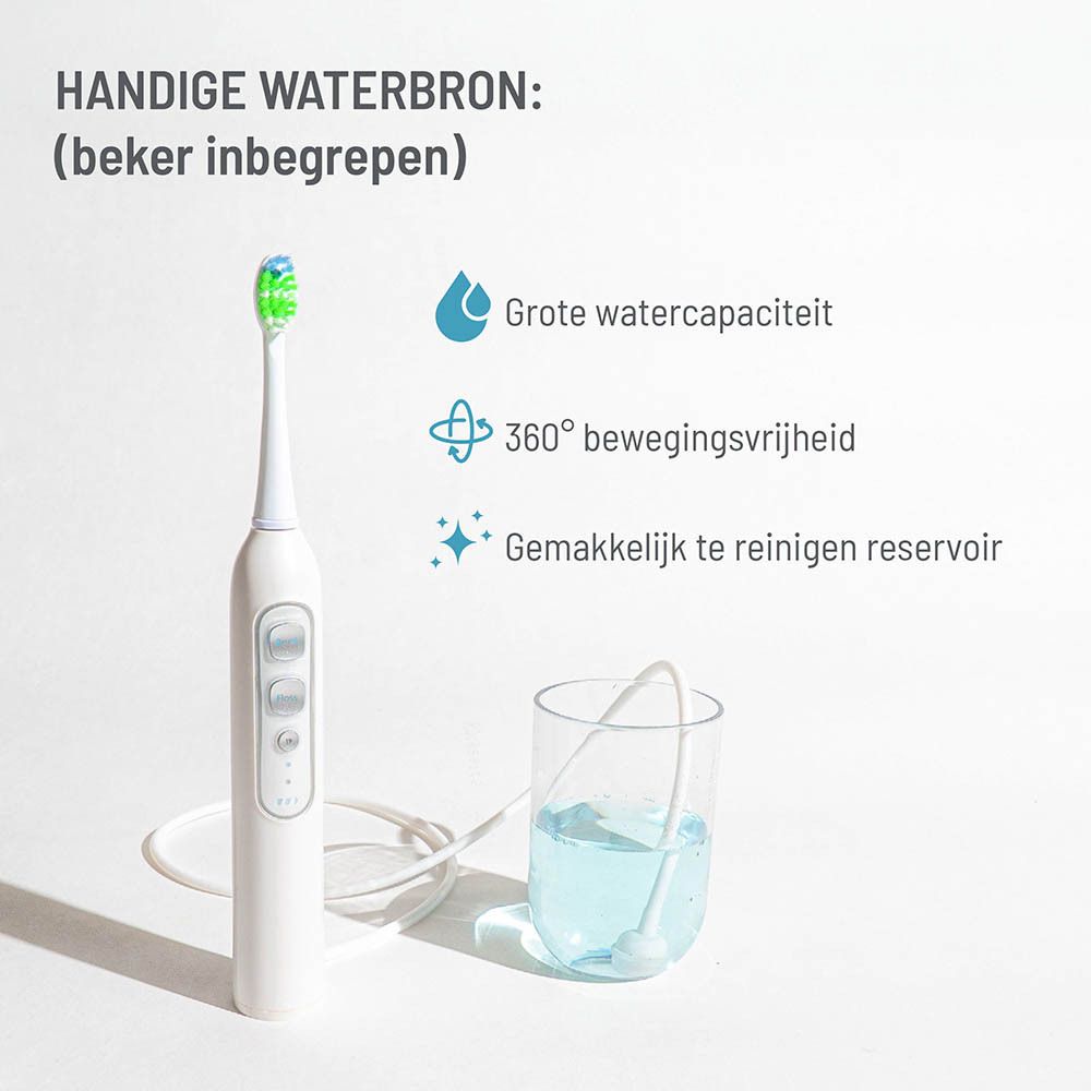 Haepi-Julia tandenborstel met waterreservoir. 360° bewegingsvrijheid. Gemakkelijk te reinigen reservoir.