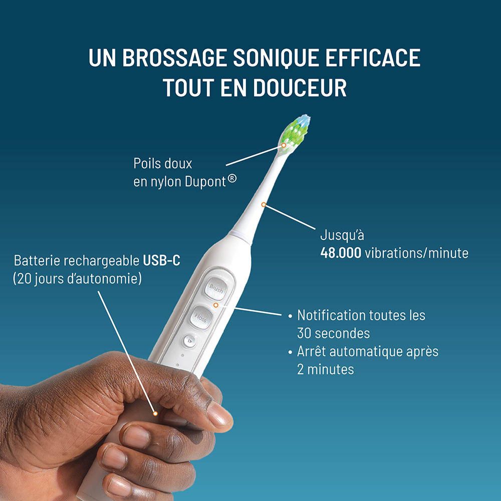 Brosse à dents en main. Soies douces en nylon. Jusqu'à 48 000 vibrations/minute.