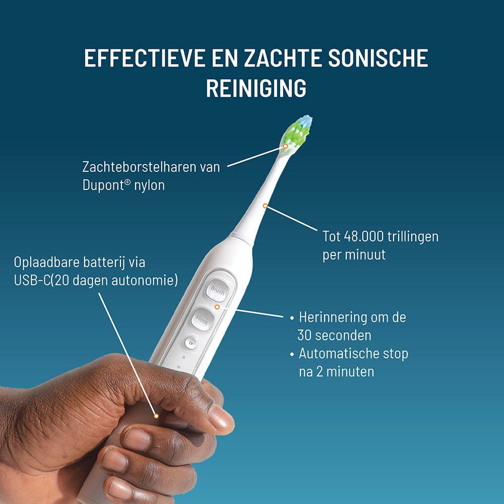 Haepi-Julia tandenborstel in de hand. Zachte borstelharen van nylon Dupont. Tot 48.000 trillingen/minuut.