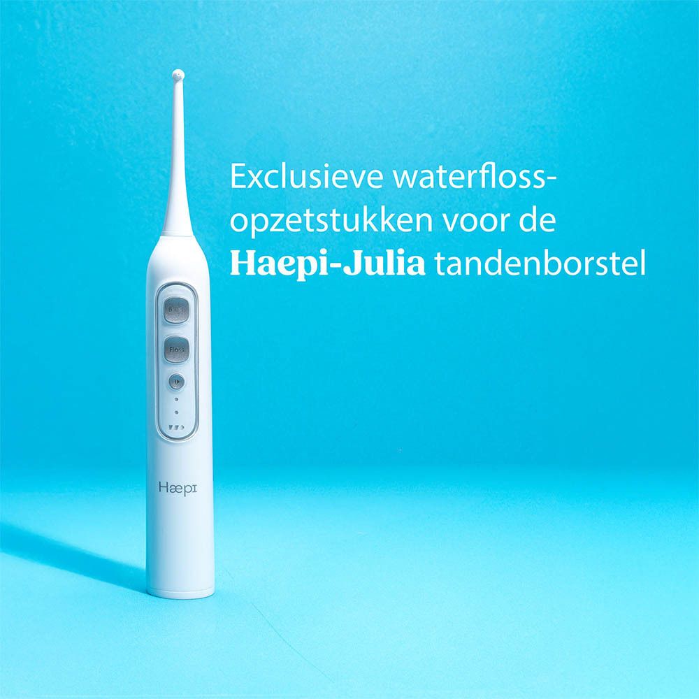 Witte monddouche met knoppen. Tekst: Exclusieve waterfloss-opzetstukken voor de Haepi-Julia tandenborstel.