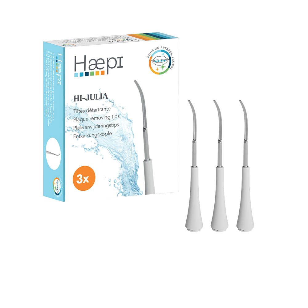 3 embouts blancs pour brosse à dents. Marque Haepi, modèle Hi-Julia. Emballage avec 3 embouts.