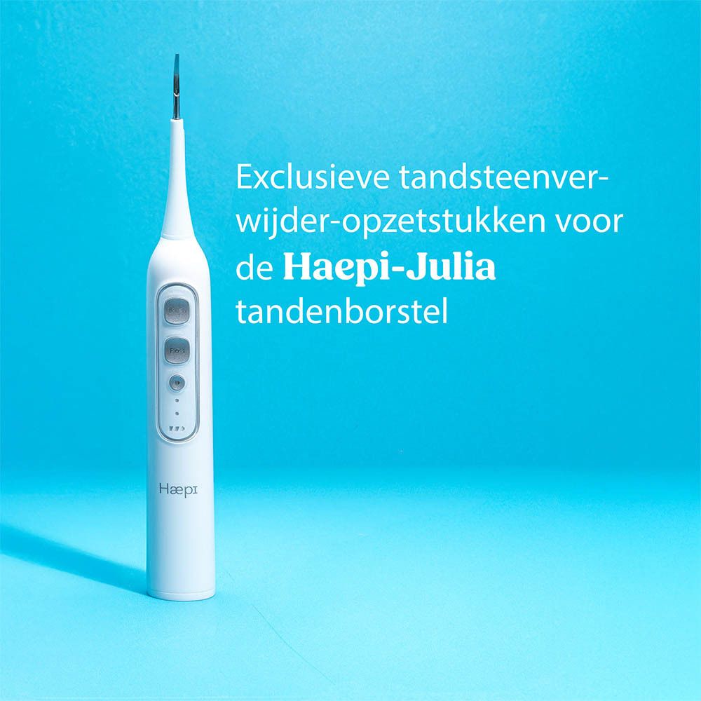 Witte elektrische tandenborstel met opzetstukken. Merk Haepi. Tekst: Exclusieve opzetstukken voor tandenborstel.