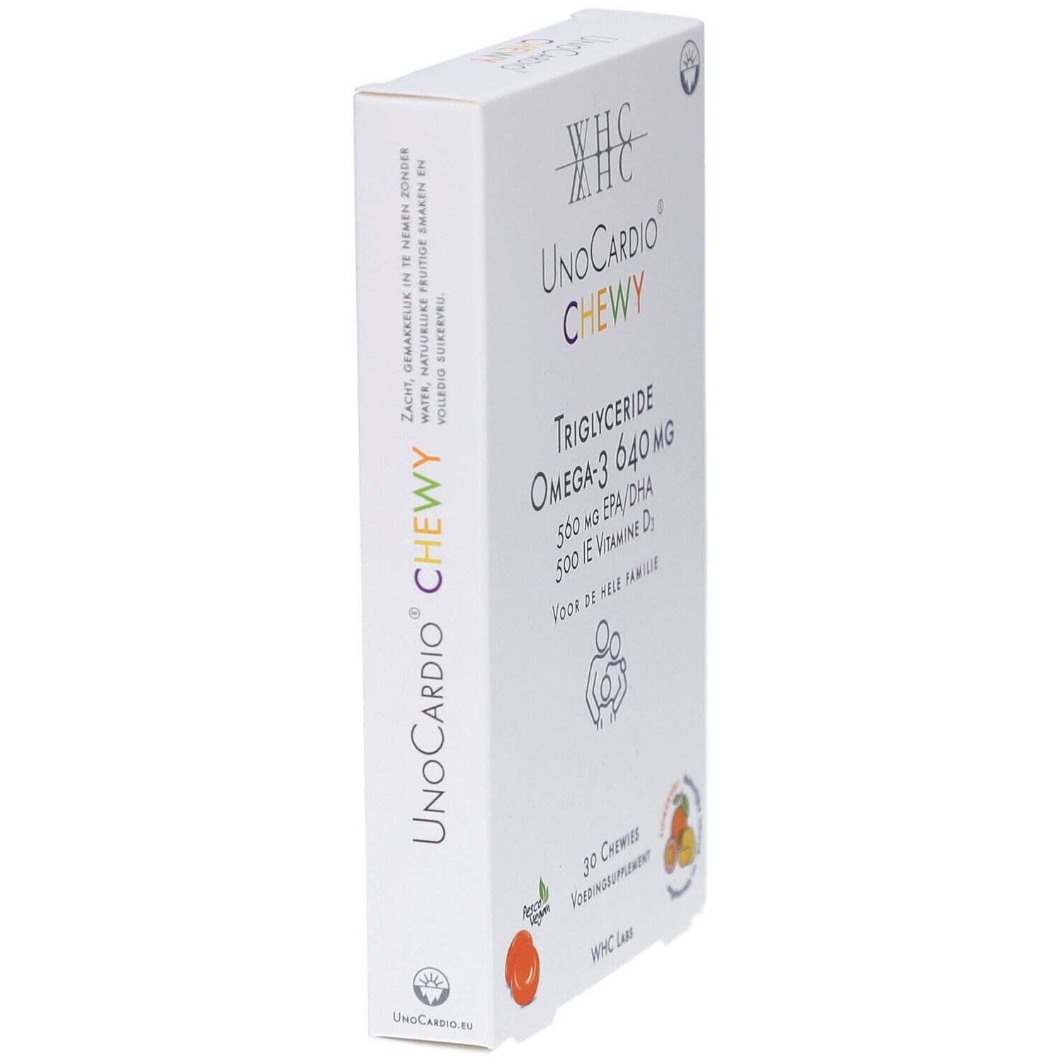 Boîte blanche, nom du produit et informations. 30 gommes. Végétalien.
