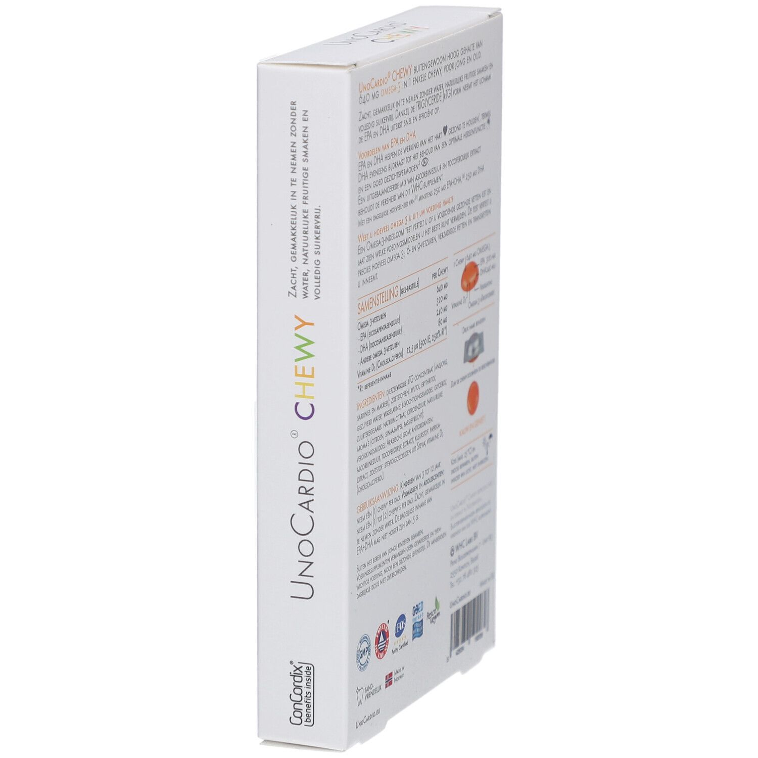 Boîte blanche, nom du produit et informations. 30 gommes. Certifications.