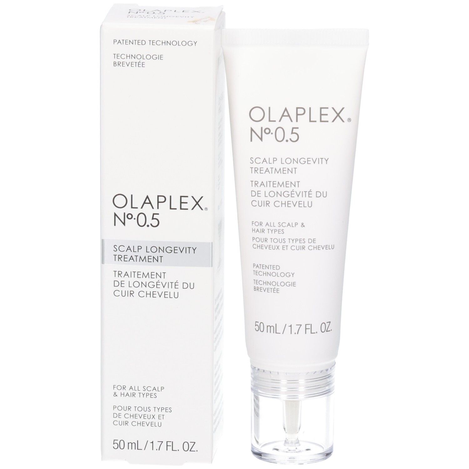 OLAPLEX No. 0.5 Scalp Longevity Treatment tube en verpakking.