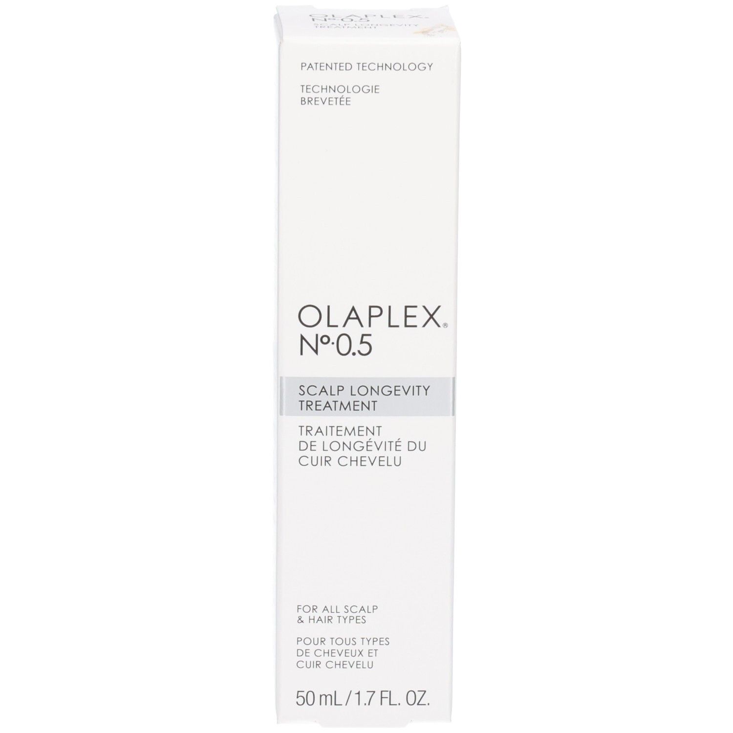 Verpakking voor OLAPLEX No. 0.5 Scalp Longevity Treatment.
