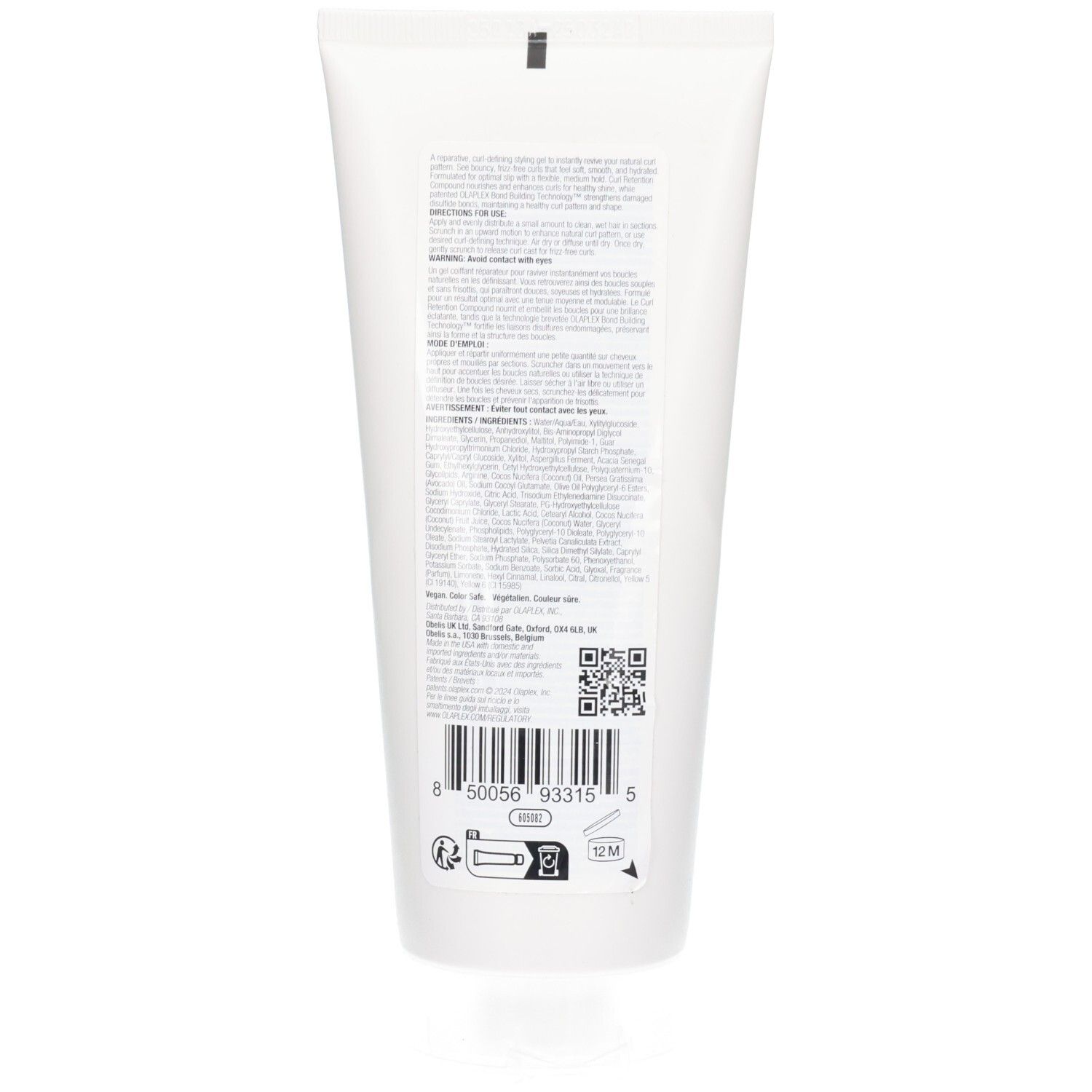 Arrière d'un tube blanc de Gel Définisseur de Boucles Olaplex Nº10. Contient des instructions et la liste des ingrédients. 200 ml.