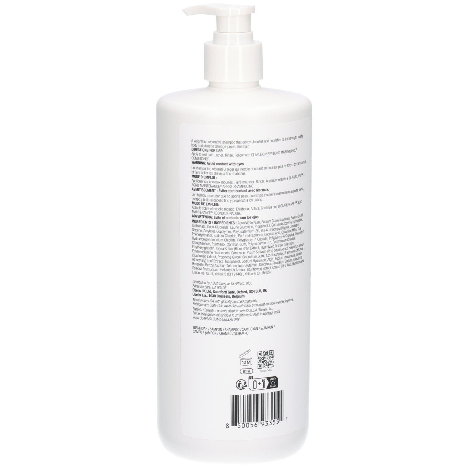 Arrière du flacon blanc Olaplex No.4 Fine Bond Maintenance Shampoo avec pompe et étiquette.