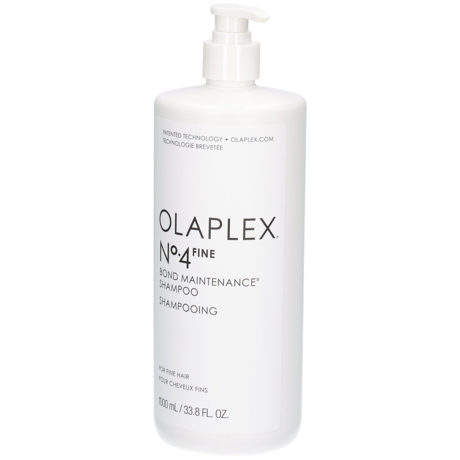 Vue de face du flacon blanc Olaplex No.4 Fine Bond Maintenance Shampoo avec pompe.
