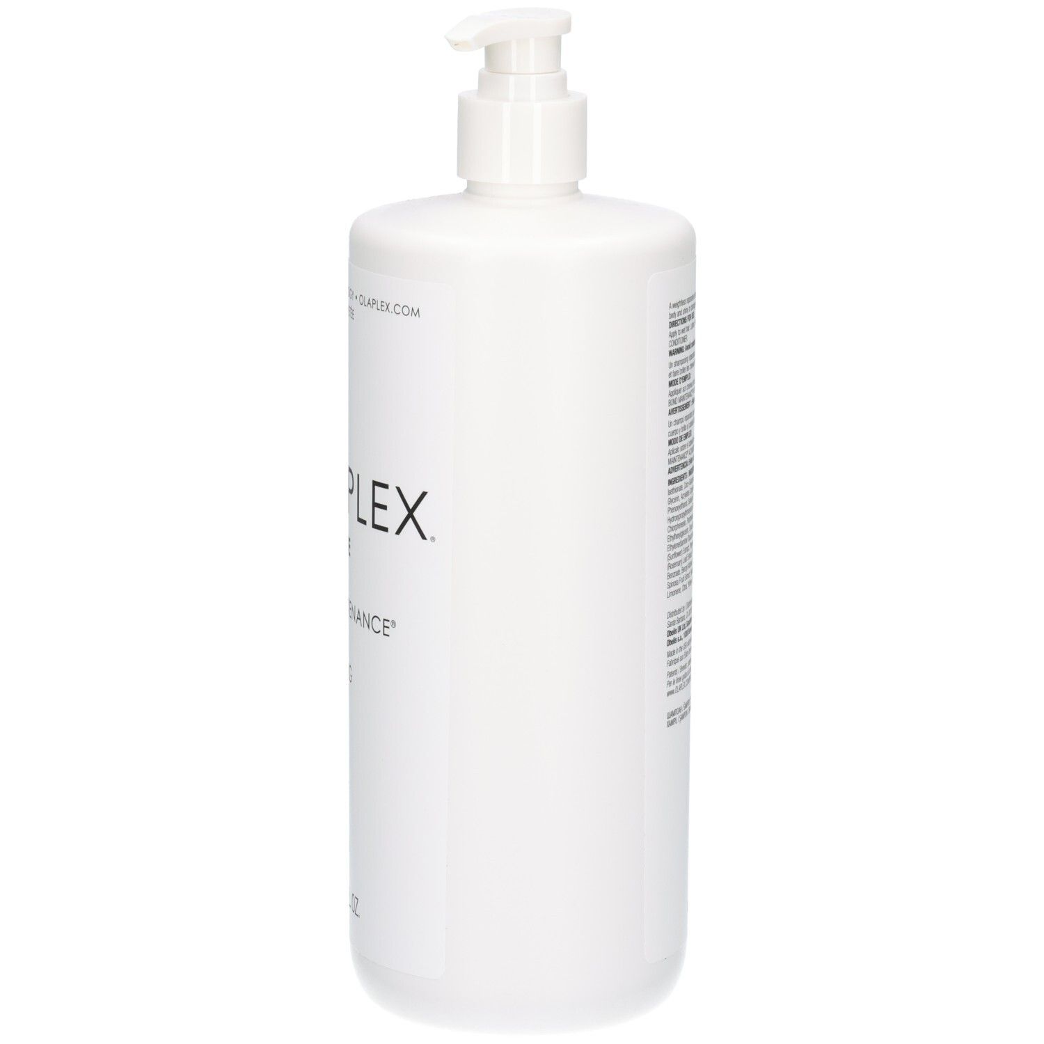 Vue latérale du flacon blanc Olaplex No.4 Fine Bond Maintenance Shampoo avec pompe.