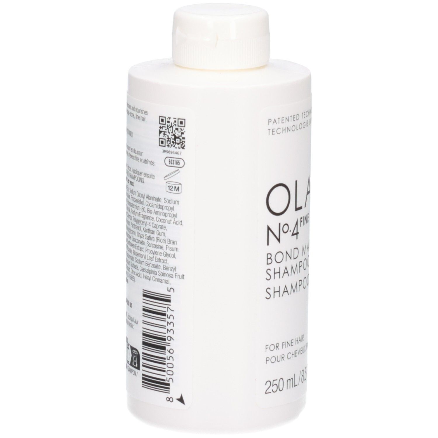 Achterkant van een witte Olaplex No.4 Fine Bond Maintenance Shampoo fles met ingrediënten en QR-code.