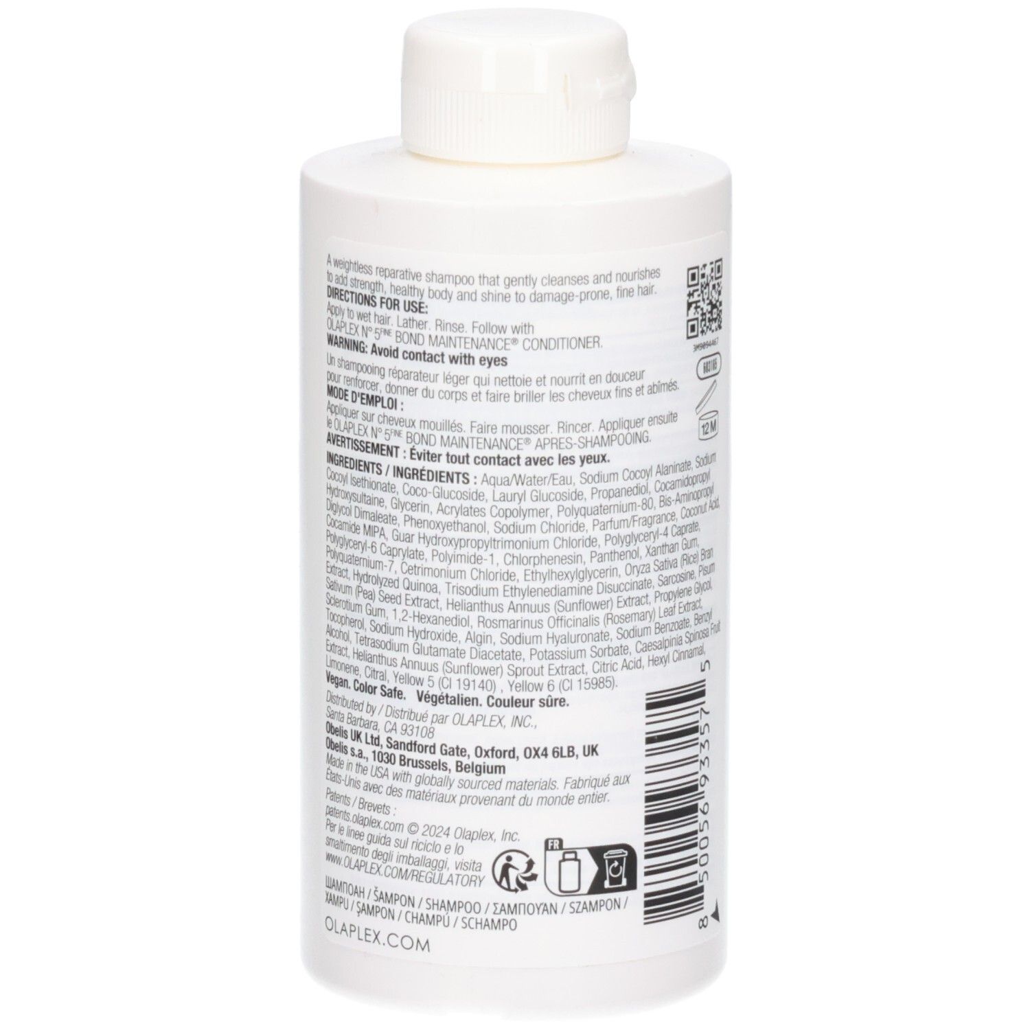 Achterkant van een witte Olaplex No.4 Fine Bond Maintenance Shampoo fles met instructies en ingrediënten.