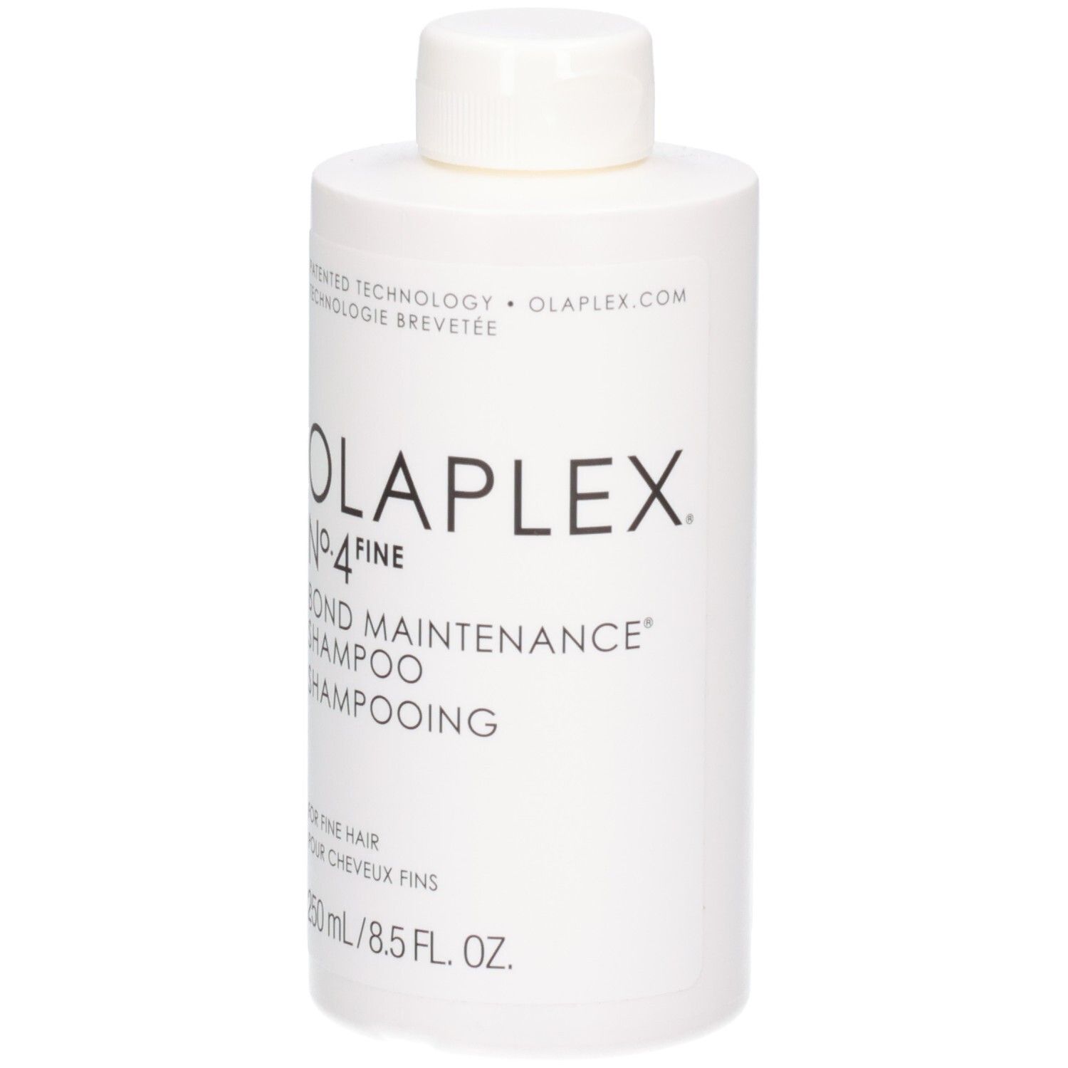 Witte fles Olaplex No.4 Fine Bond Maintenance Shampoo, 250 ml.
