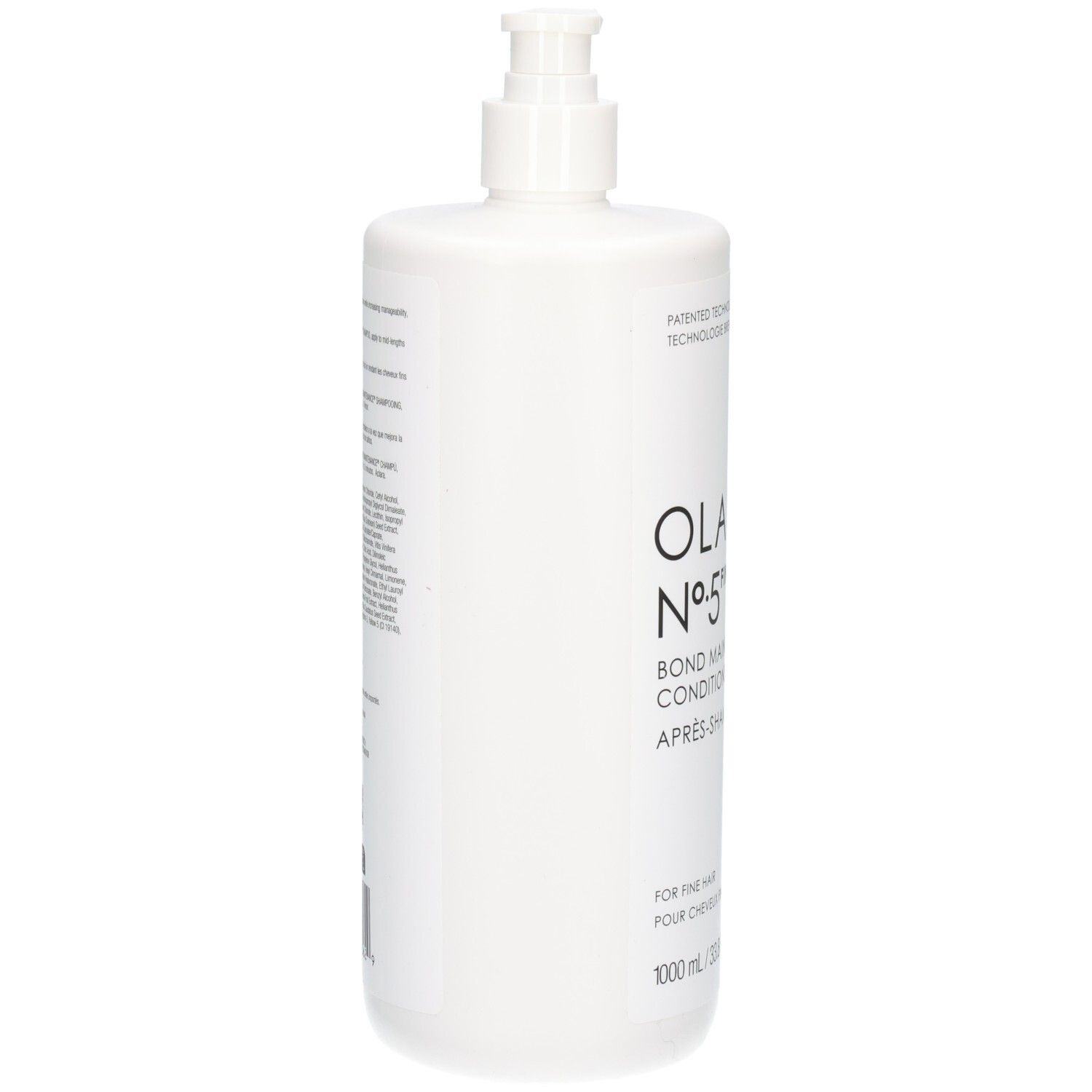 Witte fles met pompdosering, OLAPLEX No.5 FINE BOND MAINTENANCE CONDITIONER, zijaanzicht.