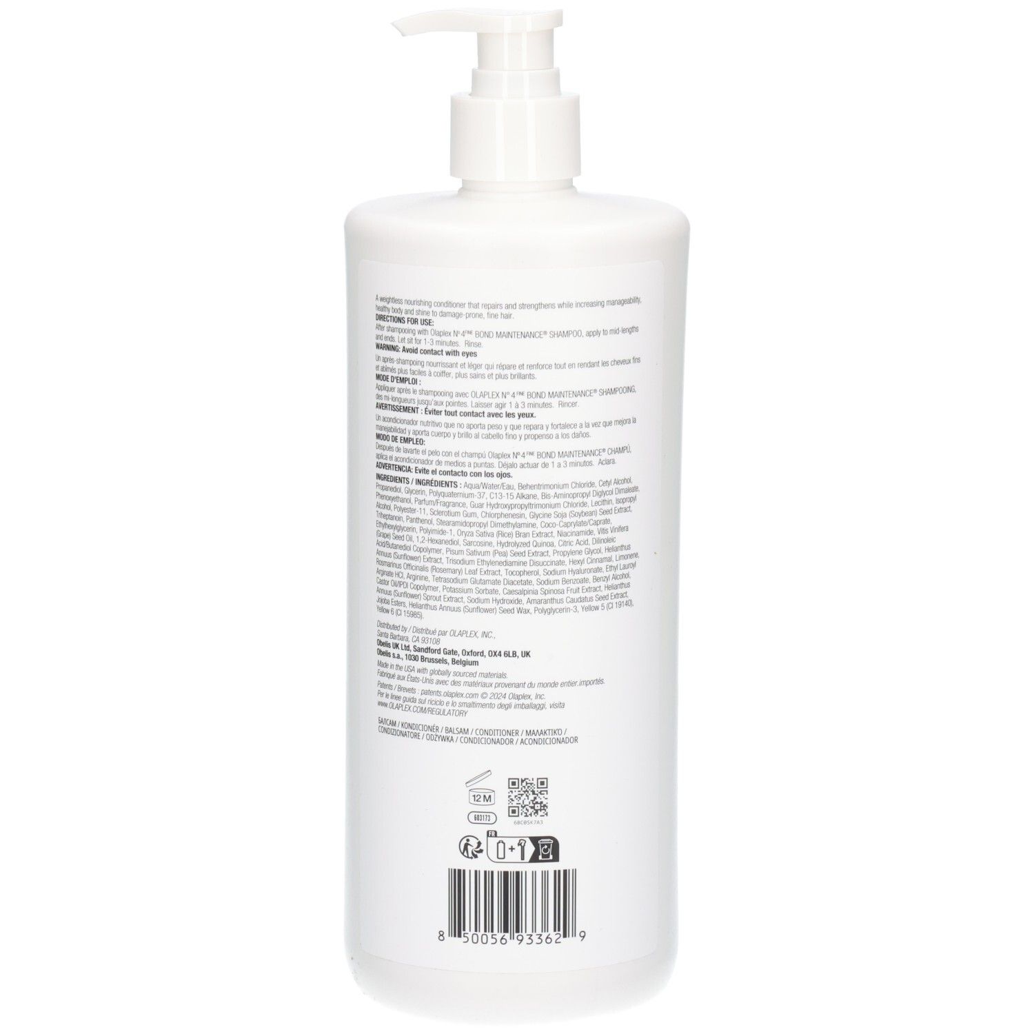 Achterkant van een witte fles met pompdosering, OLAPLEX No.5 FINE BOND MAINTENANCE CONDITIONER, met ingrediënten.