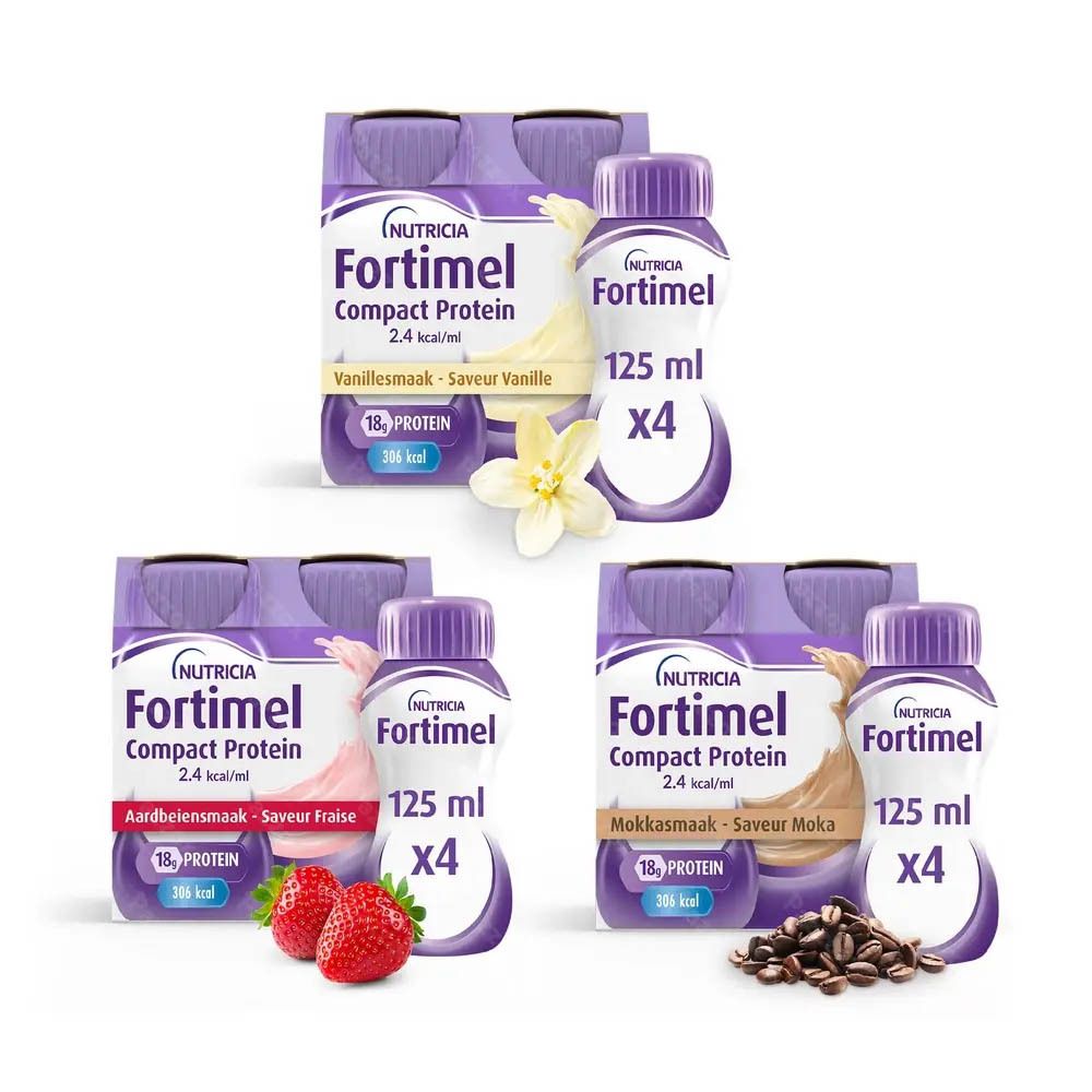 Plusieurs packs de bouteilles. Chaque bouteille indique "Fortimel Compact Protein". Différentes saveurs sont représentées.
