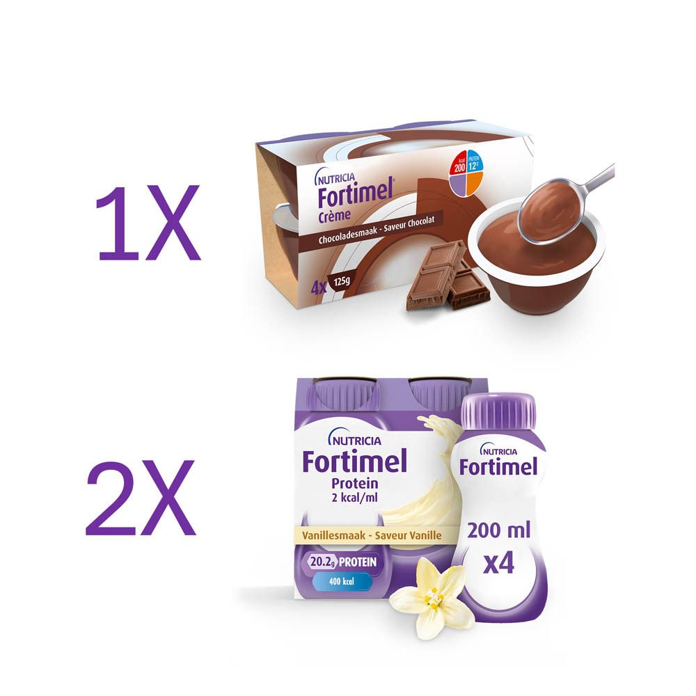 Verpakking Fortimel Crème chocoladesmaak en 2 flessen Fortimel Protein Vanille. 1x Crème, 2x Protein. Nutricia logo.