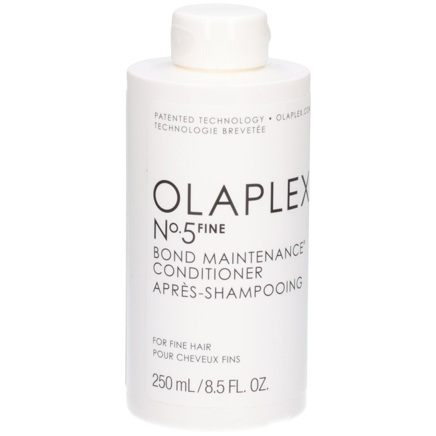 Witte fles OLAPLEX No.5 Fine Bond Maintenance Conditioner met zwarte opdruk.