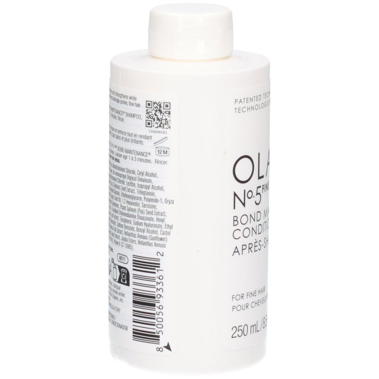 Achterkant van een witte OLAPLEX No.5 Fine fles met ingrediënten en QR-code.