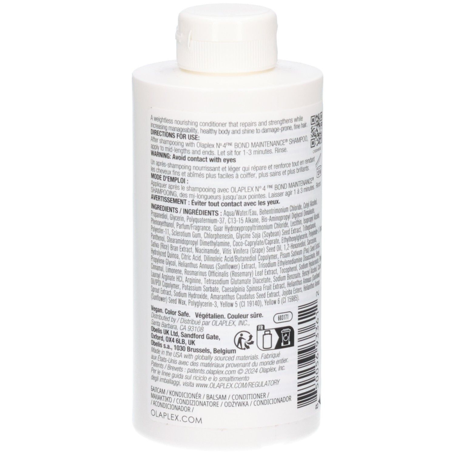 Achterkant van een witte OLAPLEX No.5 Fine fles met gedetailleerde gebruiksinstructies.