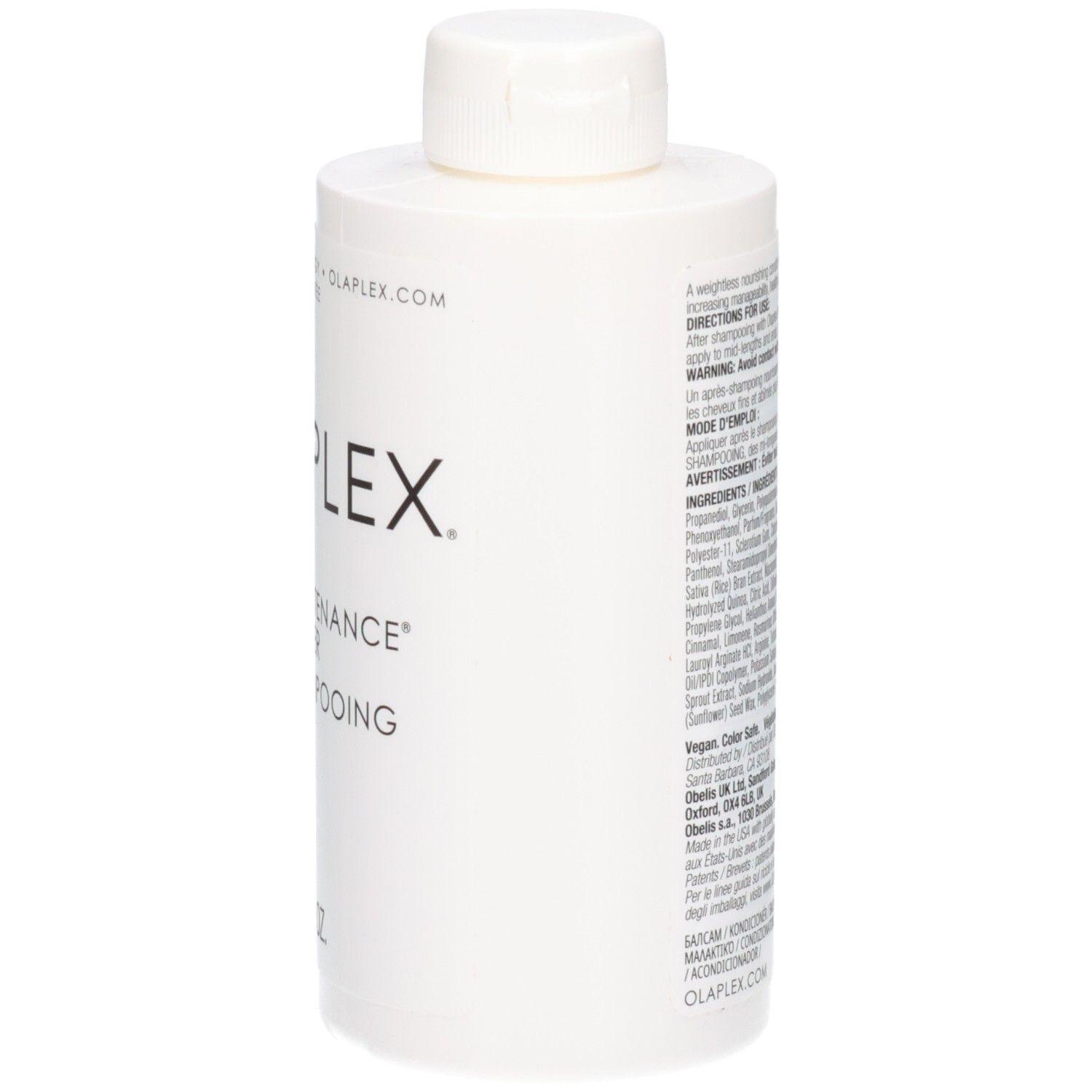 Zijaanzicht van een witte OLAPLEX No.5 Fine Bond Maintenance Conditioner fles.
