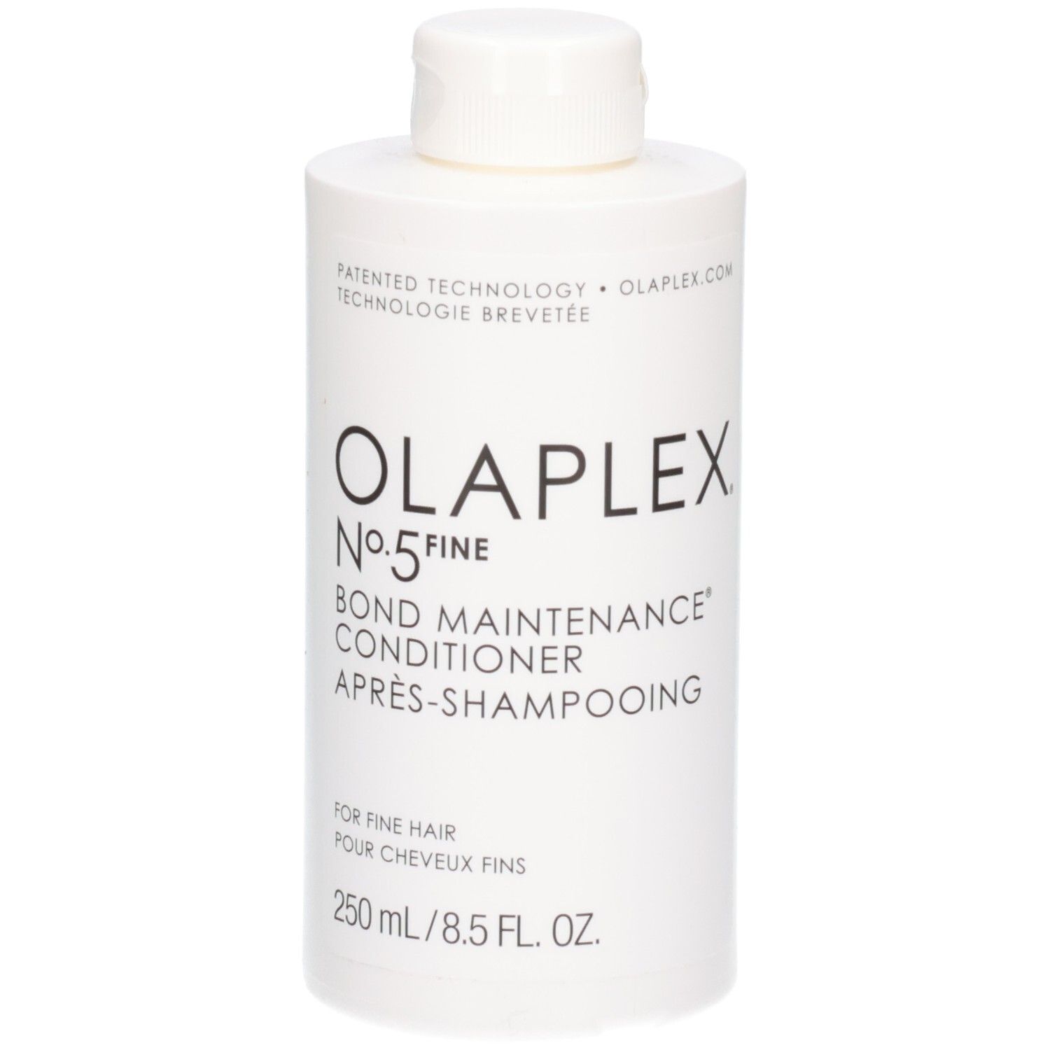 Bouteille blanche Olaplex No.5 Fine Bond Maintenance Conditioner, 250 ml.
