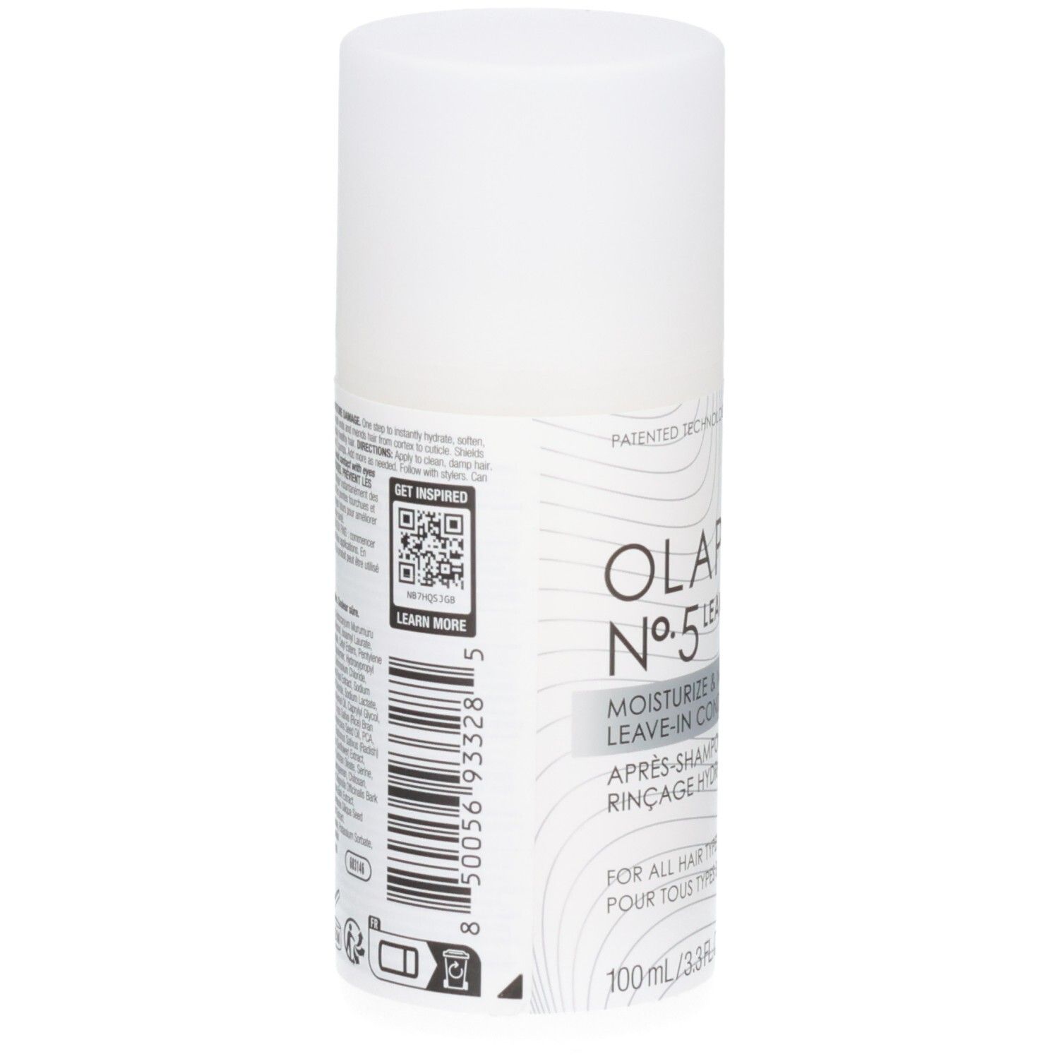 Arrière du flacon blanc OLAPLEX No.5 Leave-In Conditioner avec code-barres et QR code.
