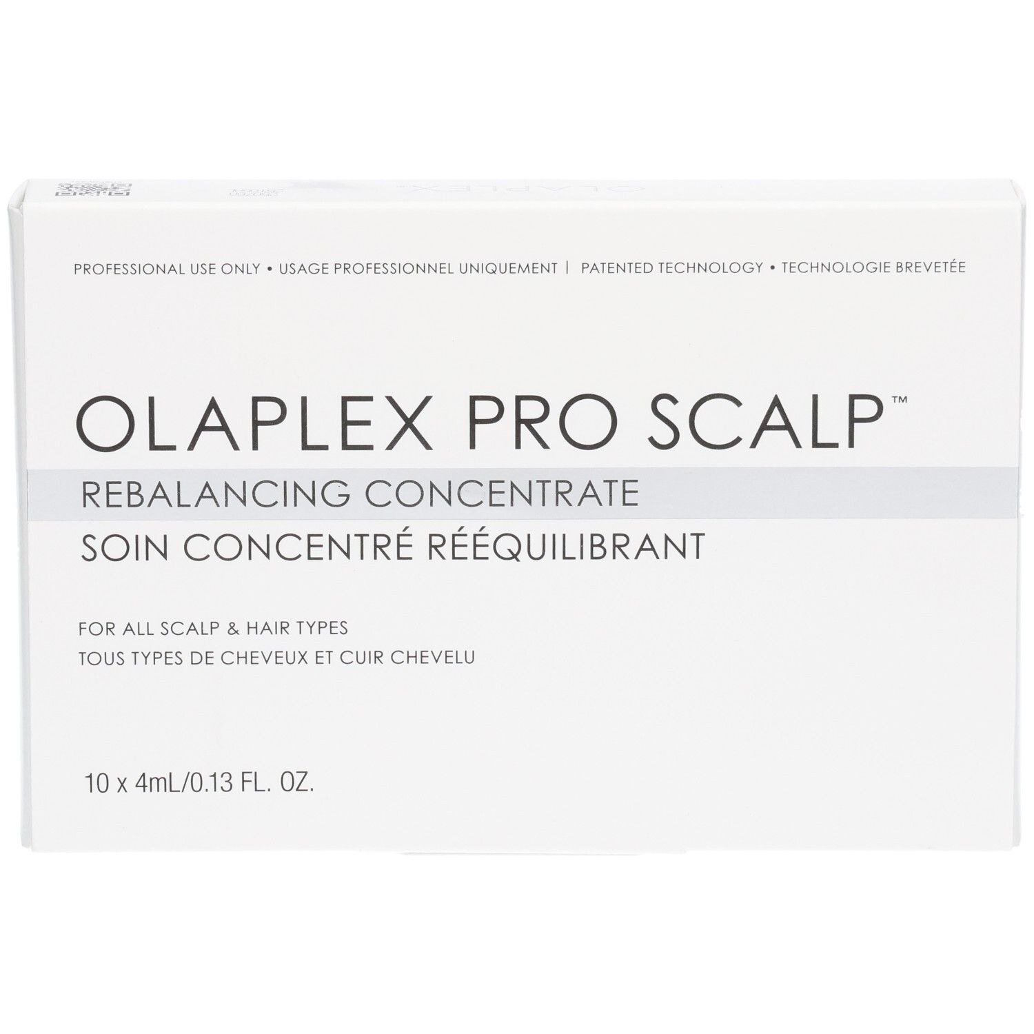 Boîte Olaplex Pro Scalp Rebalancing Concentrate, 10x 4ml. Vue de face.