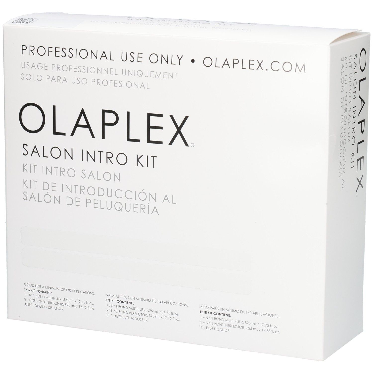 Emballage Olaplex Salon Intro Kit avec nom du produit et détails d'application.