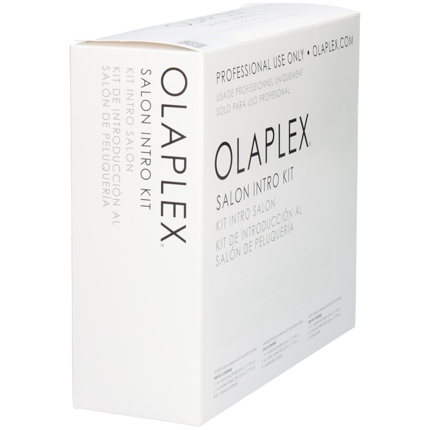 Emballage Olaplex Salon Intro Kit, vue latérale avec inscription verticale.