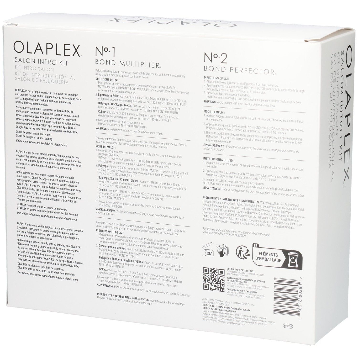 Achterkant van de Olaplex Salon Intro Kit verpakking met gedetailleerde gebruiksinstructies en ingrediënten.