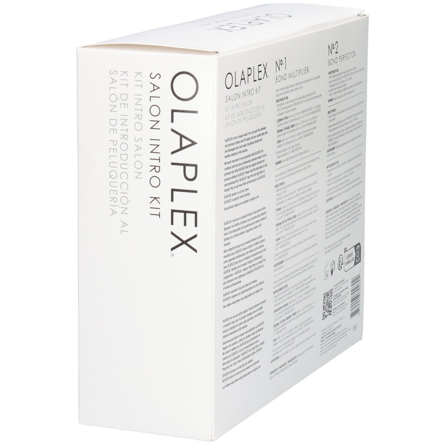 Emballage Olaplex Salon Intro Kit, vue arrière en biais avec informations d'application.