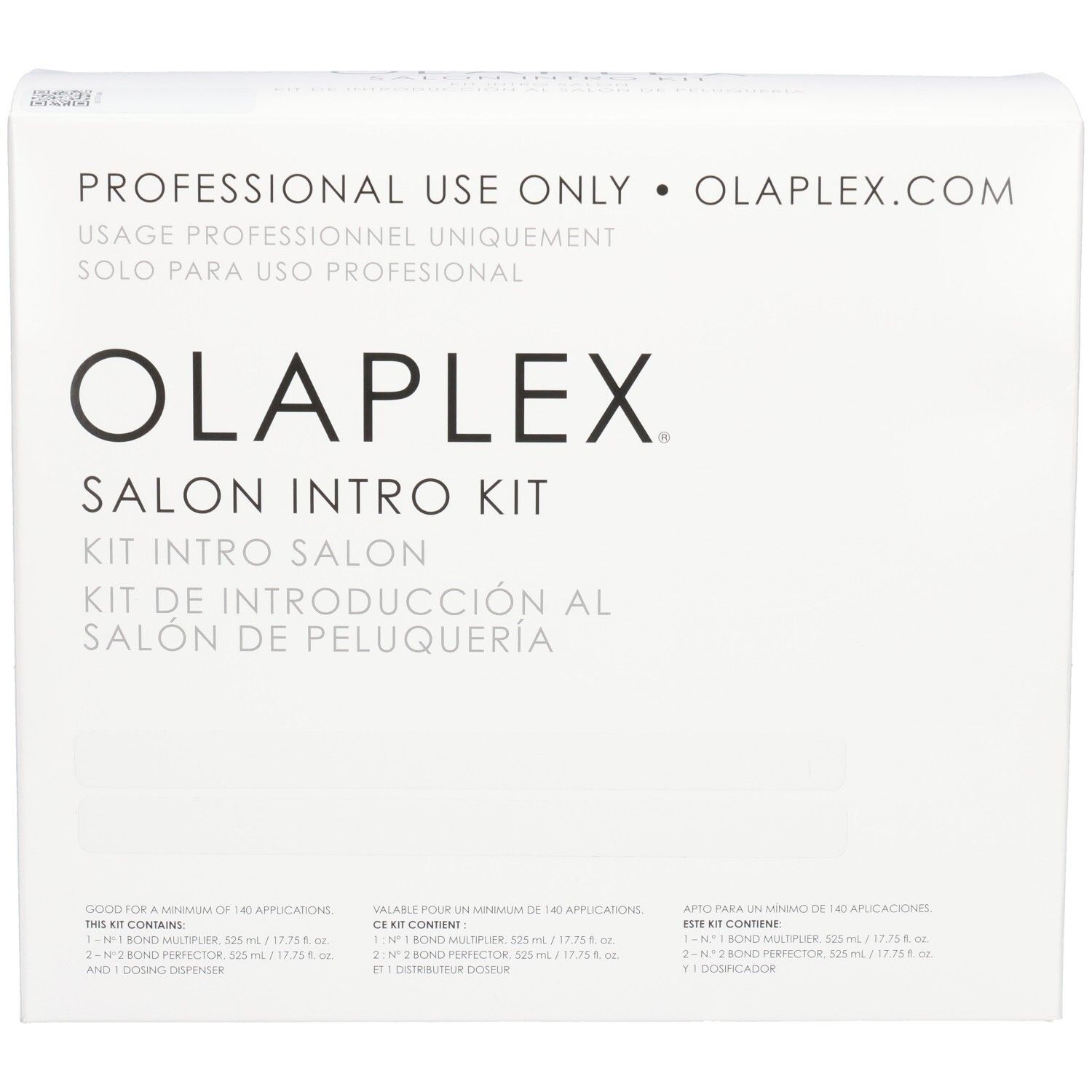 Avant de l'emballage Olaplex Salon Intro Kit avec nom du produit et instructions.
