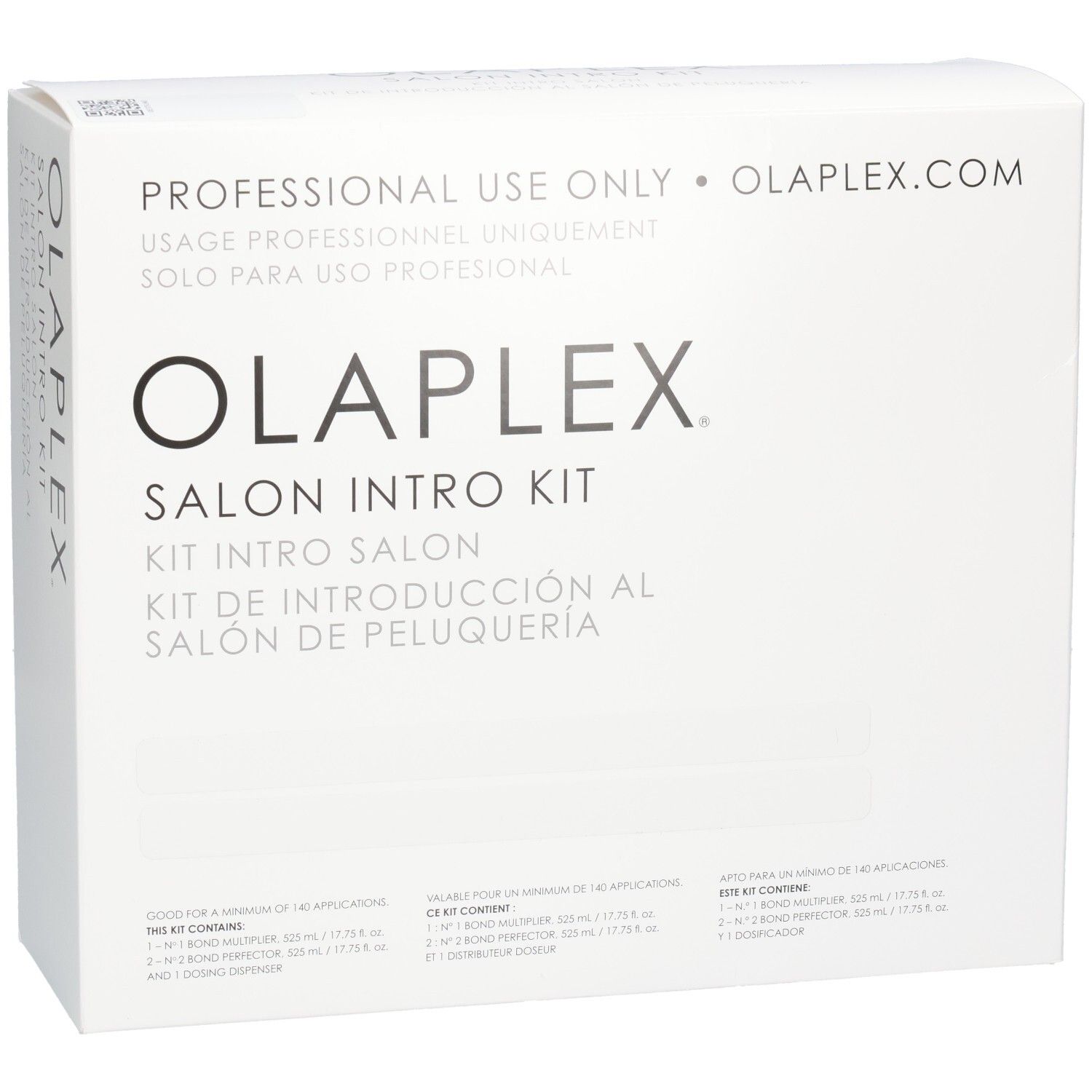 Emballage Olaplex Salon Intro Kit, vue avant en biais avec nom du produit.
