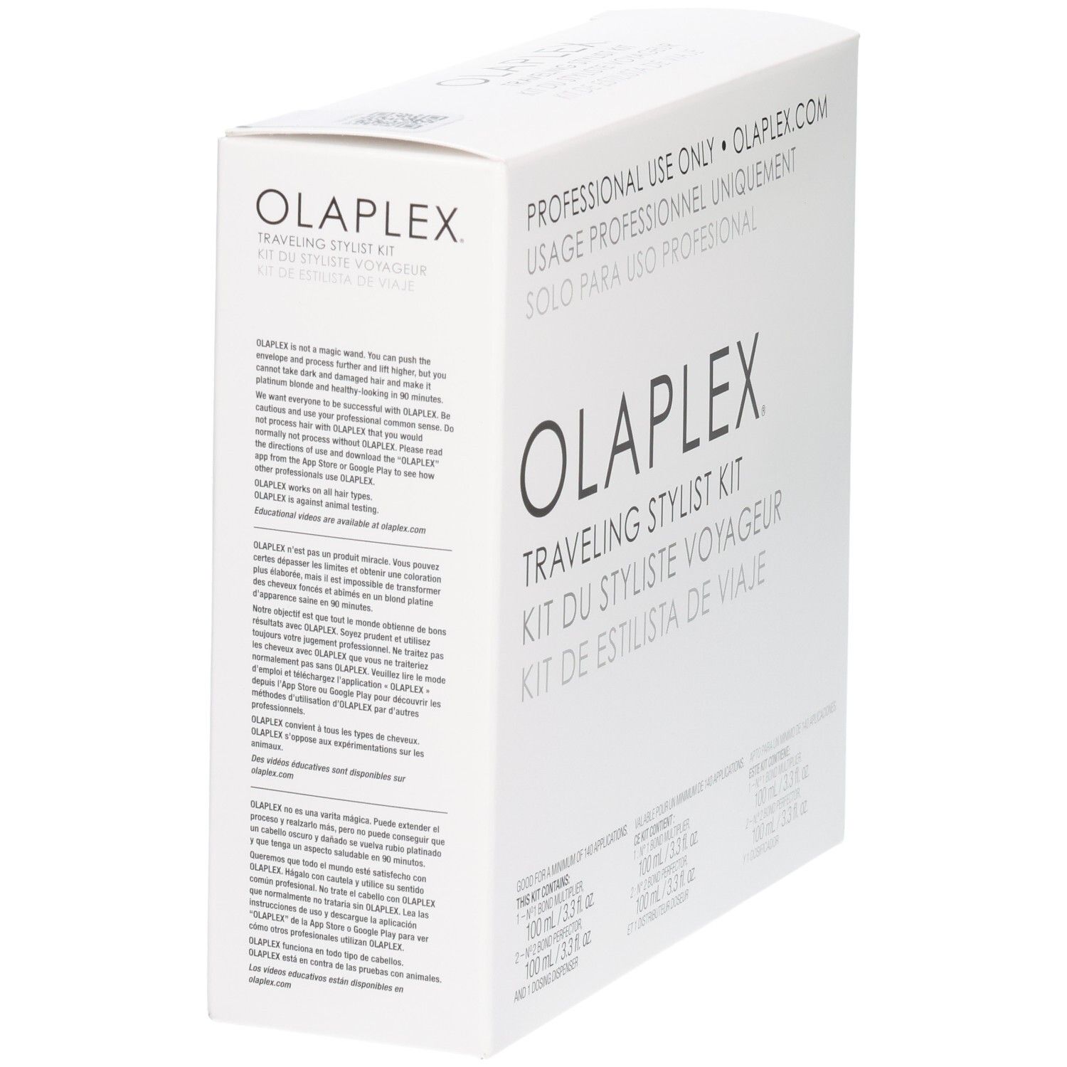 Kit Voyageur Olaplex : Vue latérale de la boîte avec instructions d'application détaillées.