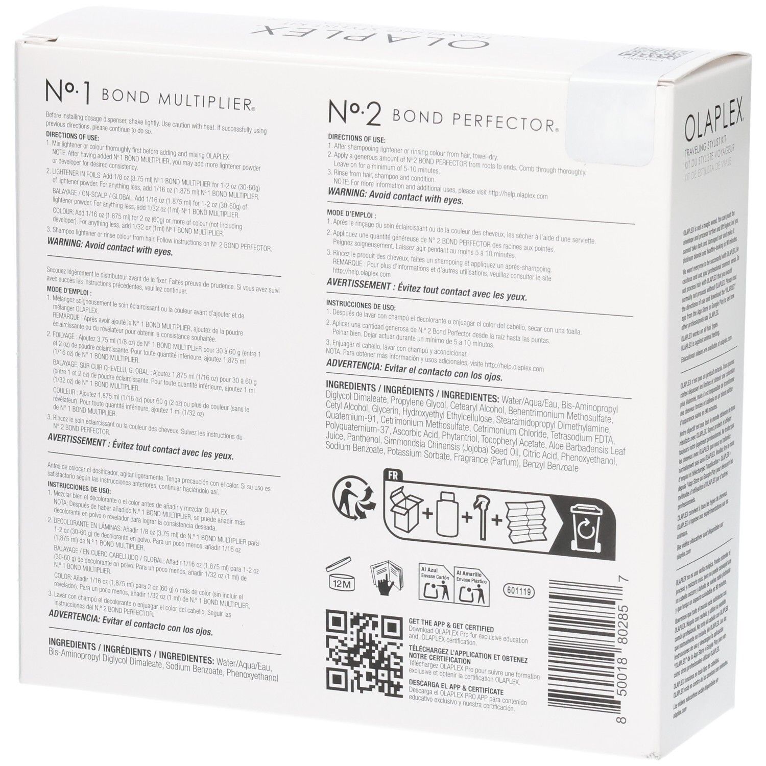 Kit Voyageur Olaplex : Arrière de la boîte avec ingrédients et symboles d'application.