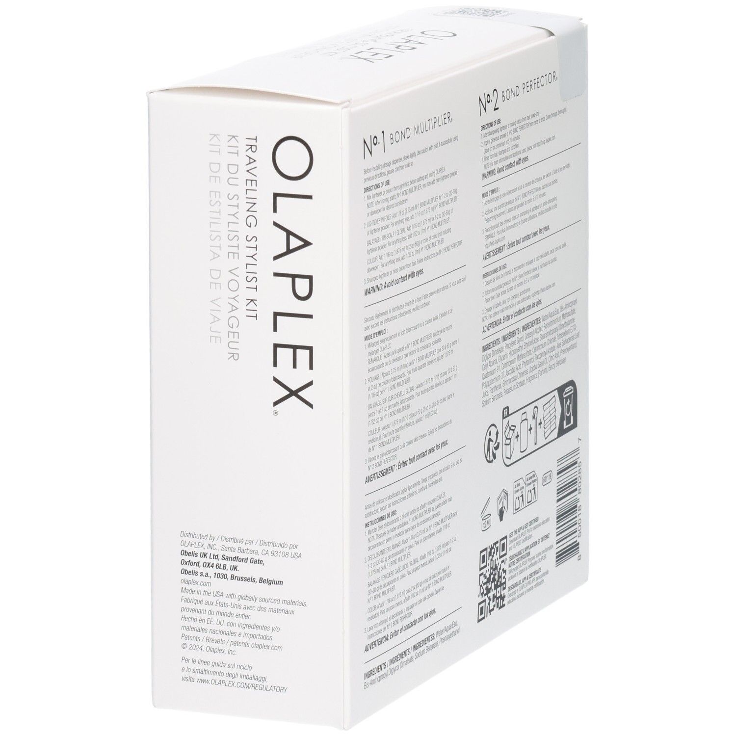 Kit Voyageur Olaplex : Vue latérale de la boîte avec adresse et informations d'origine.