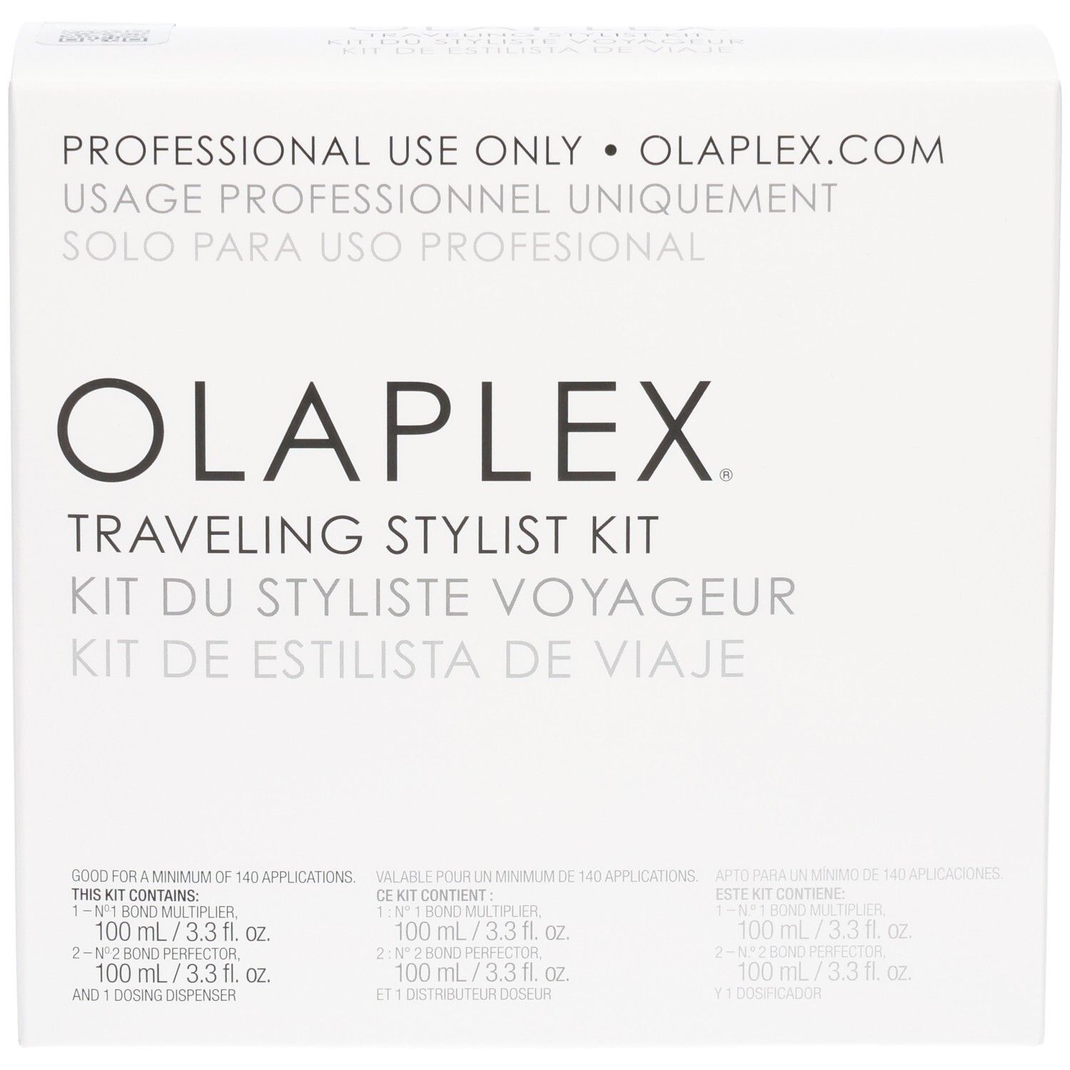 Kit Voyageur Olaplex : Avant de la boîte avec nom du produit et aperçu du contenu.