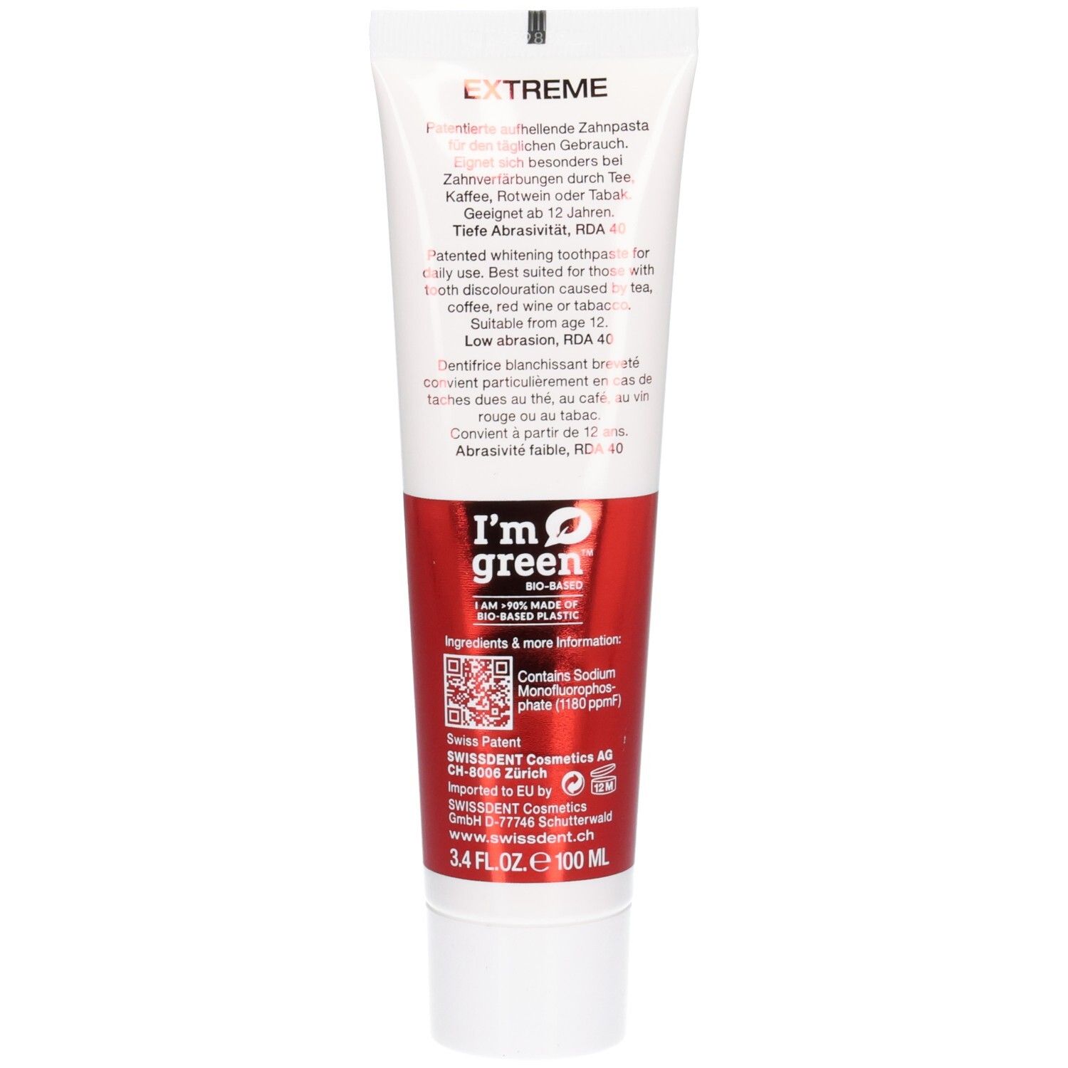 Achterkant van de tandpastatube. Tekst: EXTREME, Whitening Toothpaste. Geschikt vanaf 12 jaar. I'm green logo. Ingrediënten.