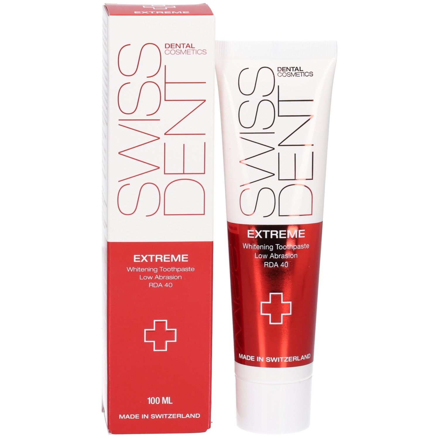 Tandpasta tube en doos. Opschrift SWISS DENT, EXTREME, Whitening Toothpaste. Rood kruis. 100 ml. Made in Switzerland.
