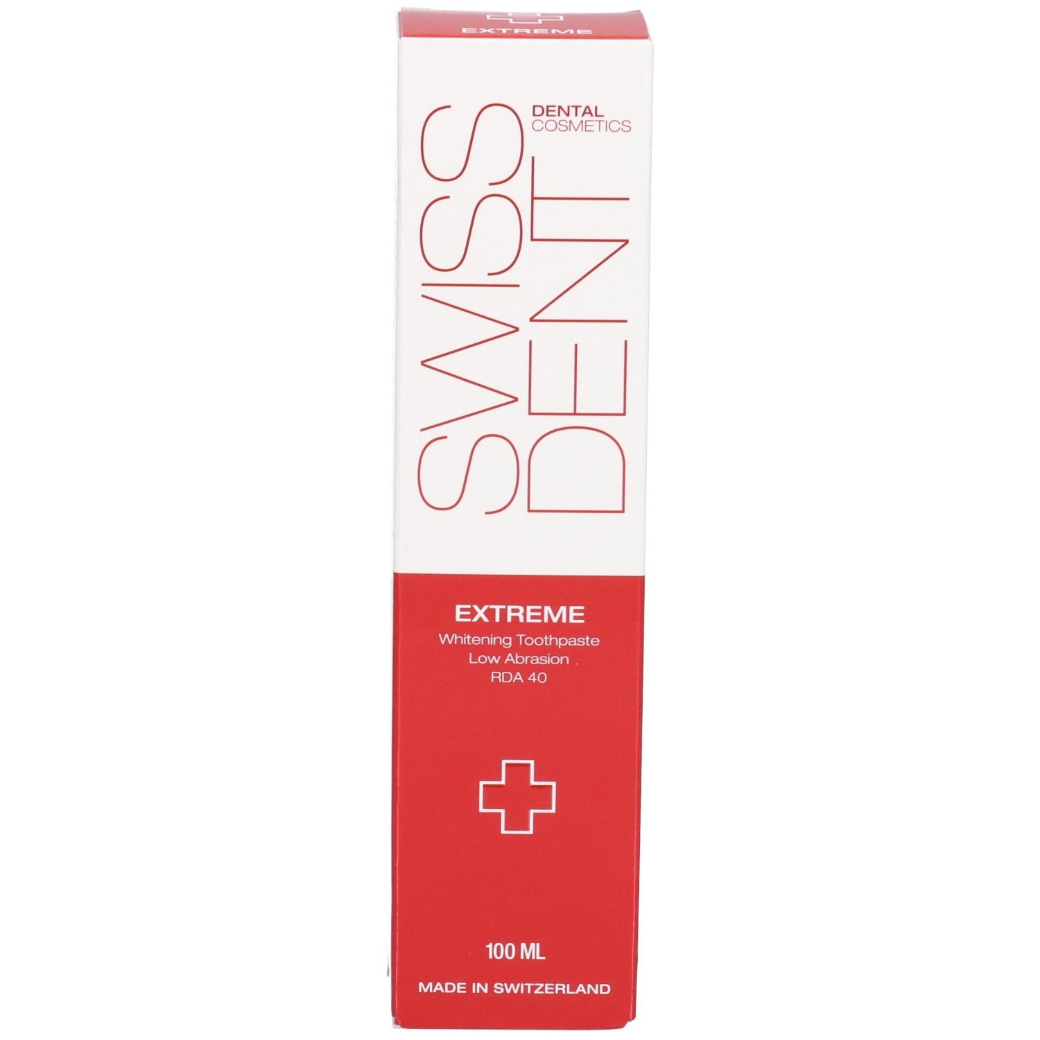 Doos, wit en rood. Opschrift SWISS DENT, EXTREME, Whitening Toothpaste. Rood kruis. 100 ml. Made in Switzerland.