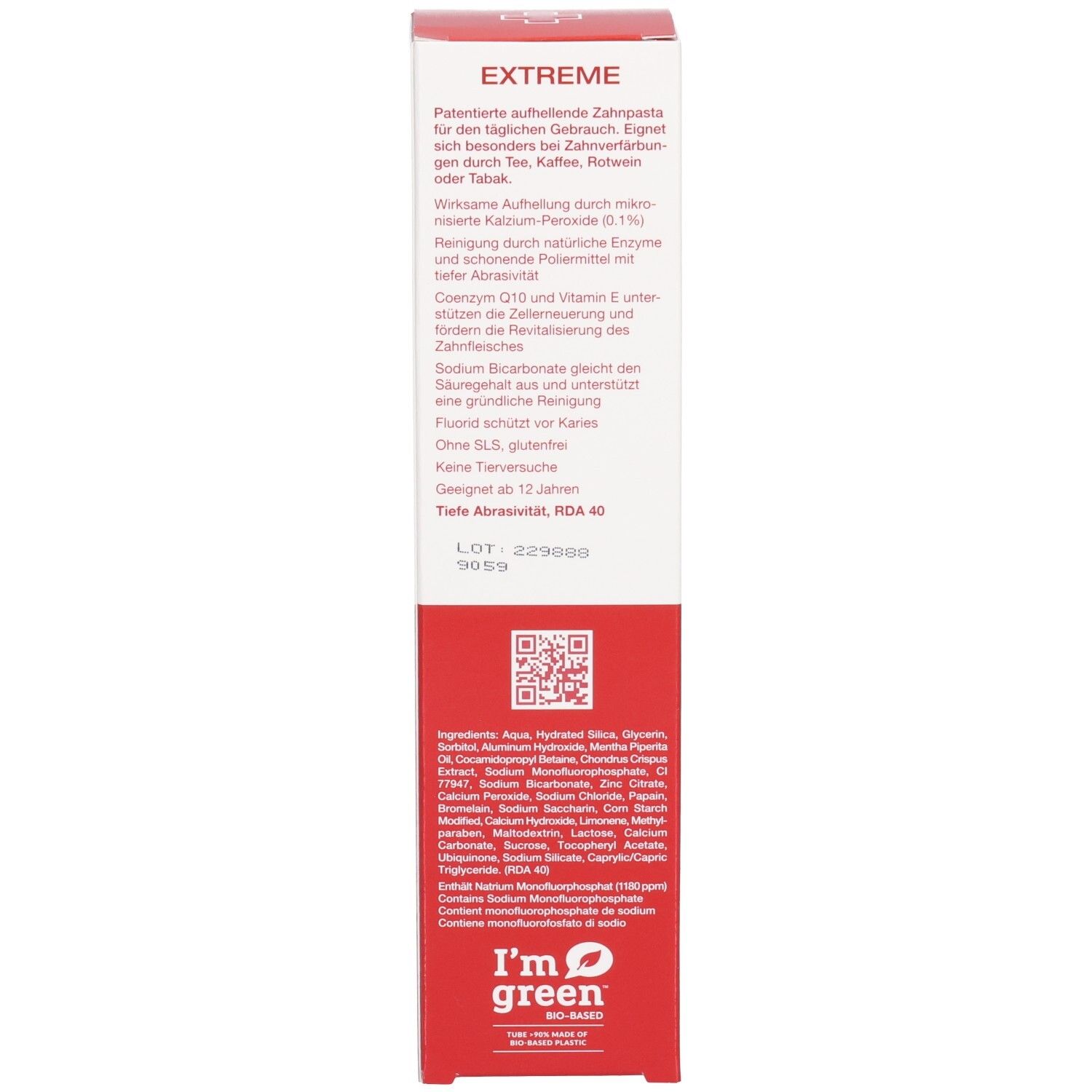 Doos, wit en rood. Tekst: EXTREME, Whitening Toothpaste. Geschikt vanaf 12 jaar. I'm green logo. Ingrediënten.