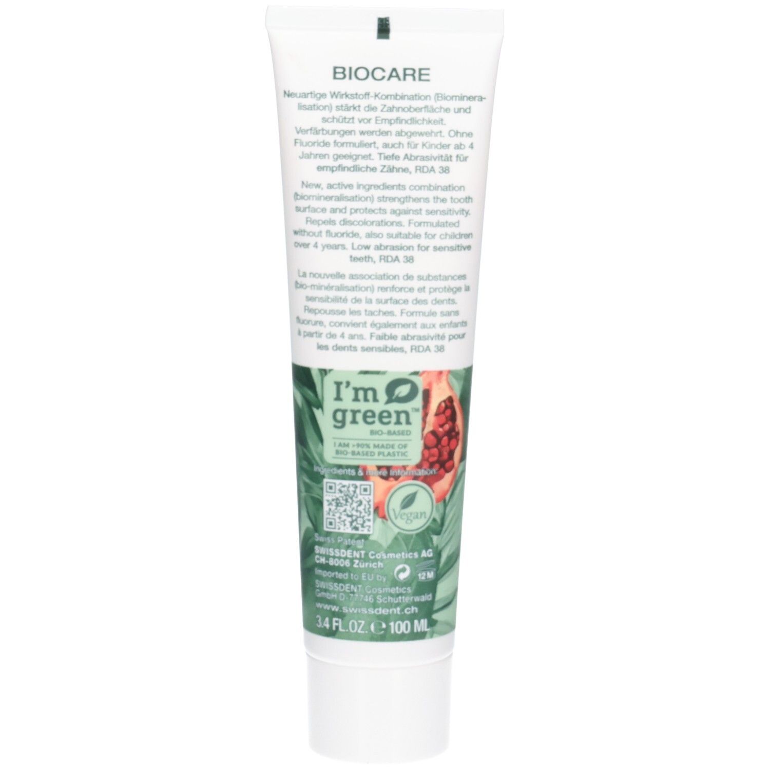 Dos du tube de dentifrice. Informations textuelles et logos. Logo 'I'm green' et code QR.