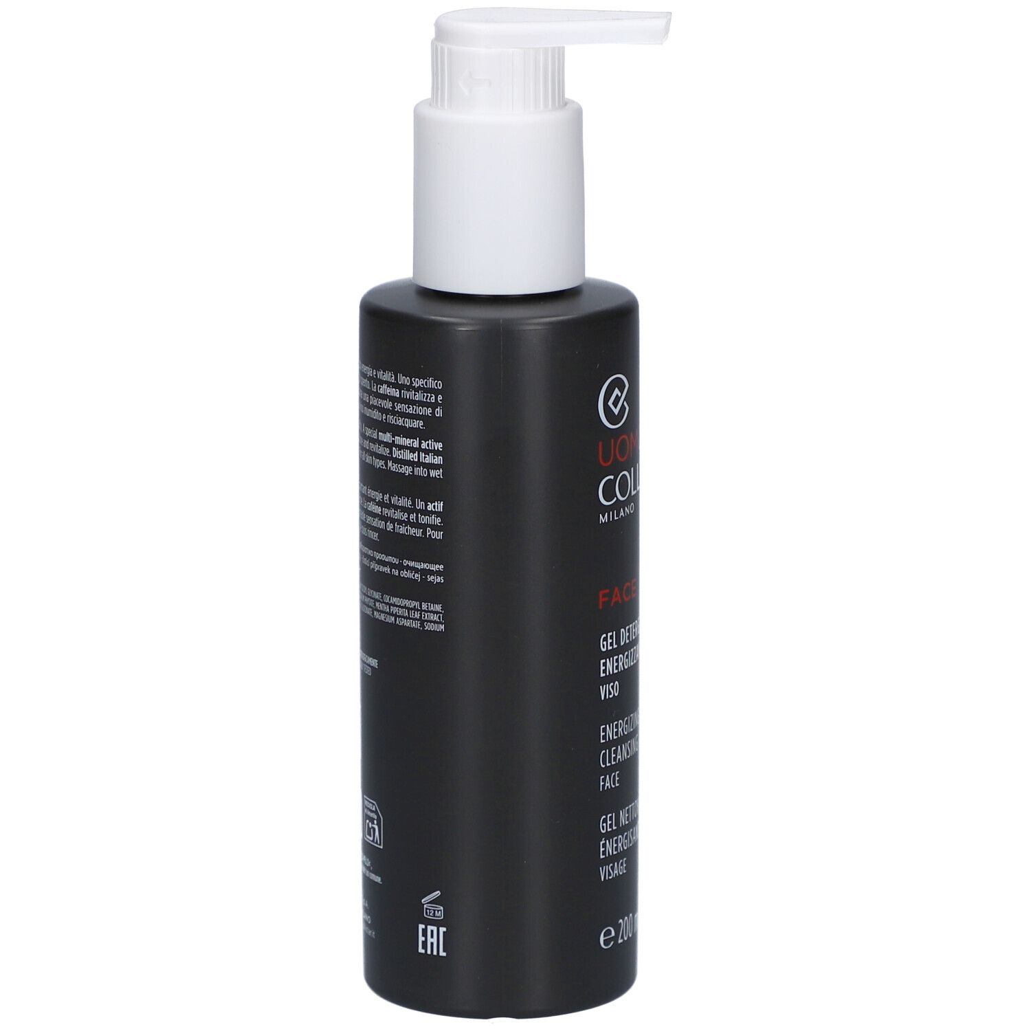 Flacon noir avec pompe blanche. Inscription: Uomo Collistar, Face, Gel Nettoyant Visage. Texte au dos.