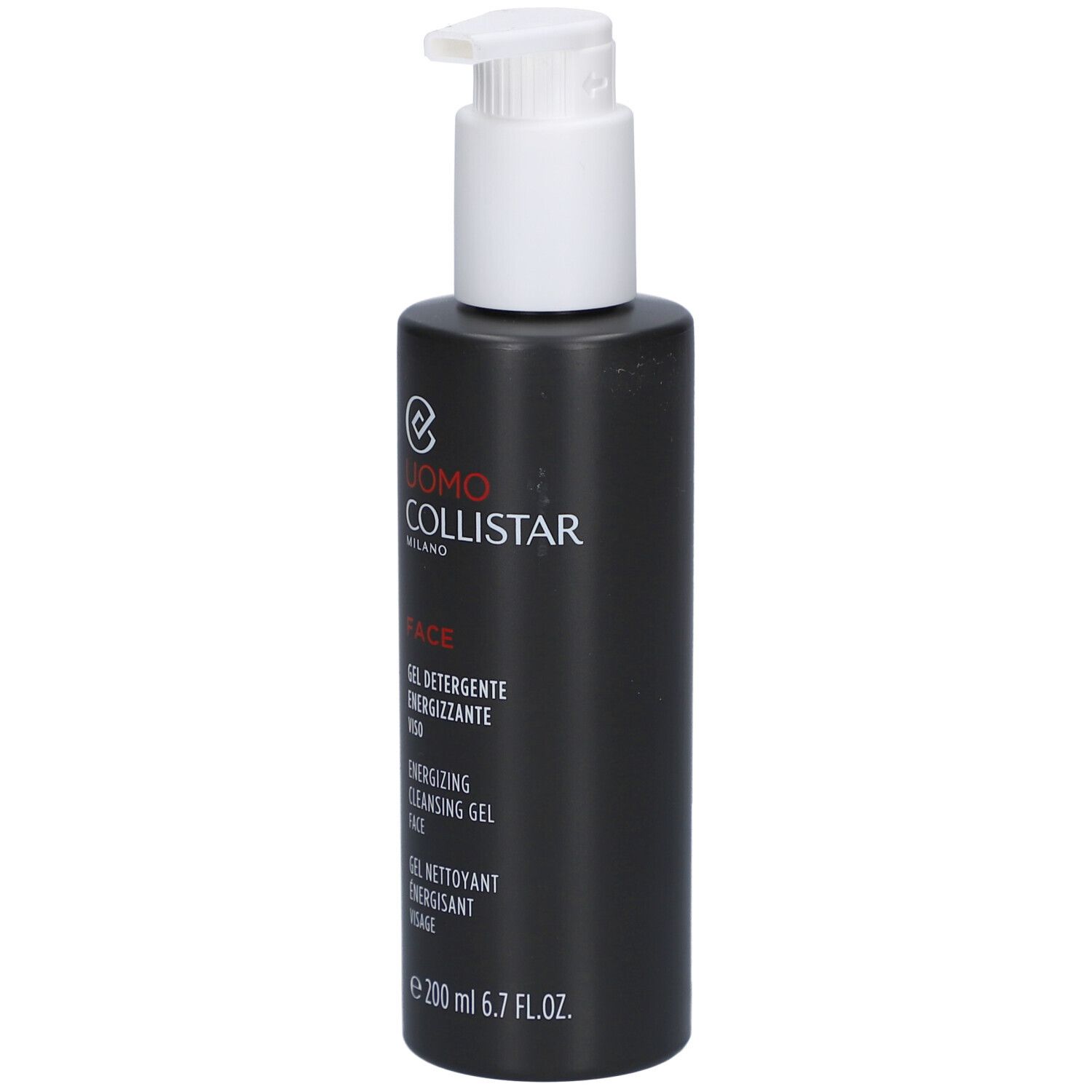 Flacon noir avec pompe blanche. Inscription: Uomo Collistar, Face, Gel Nettoyant Visage. 200 ml.