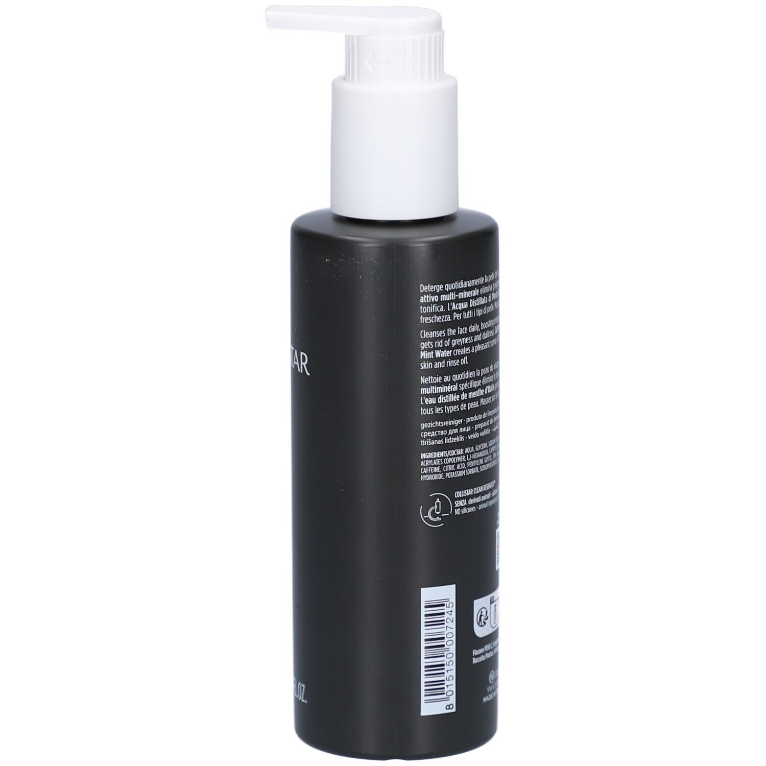 Flacon noir avec pompe blanche. Inscription: Uomo Collistar, Face, Gel Nettoyant Visage. Texte au dos.