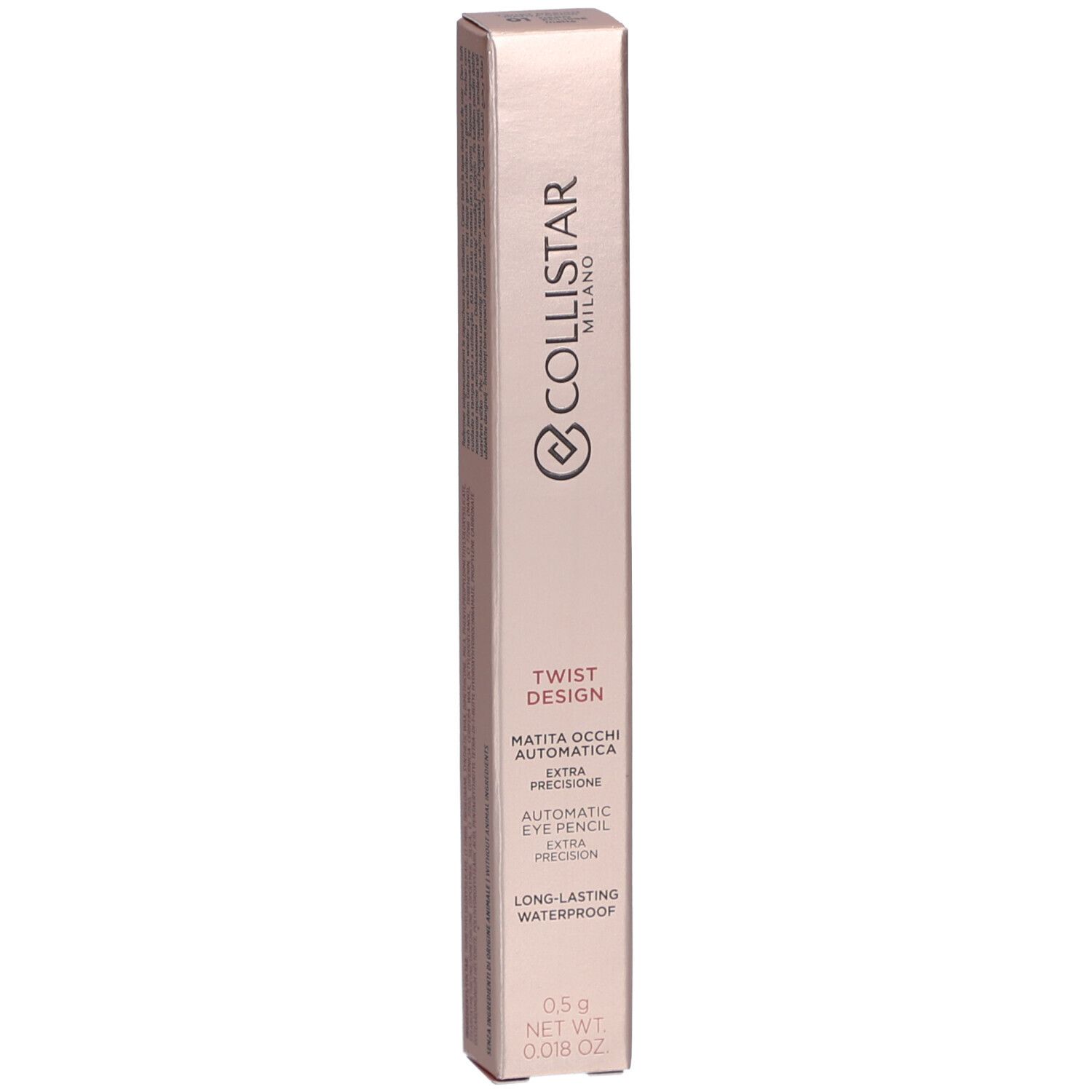 Emballage rose avec logo Collistar et nom du produit. Texte: Twist Design, Matita Occhi Automatica, Automatic Eye Pencil, Long-lasting Waterproof.