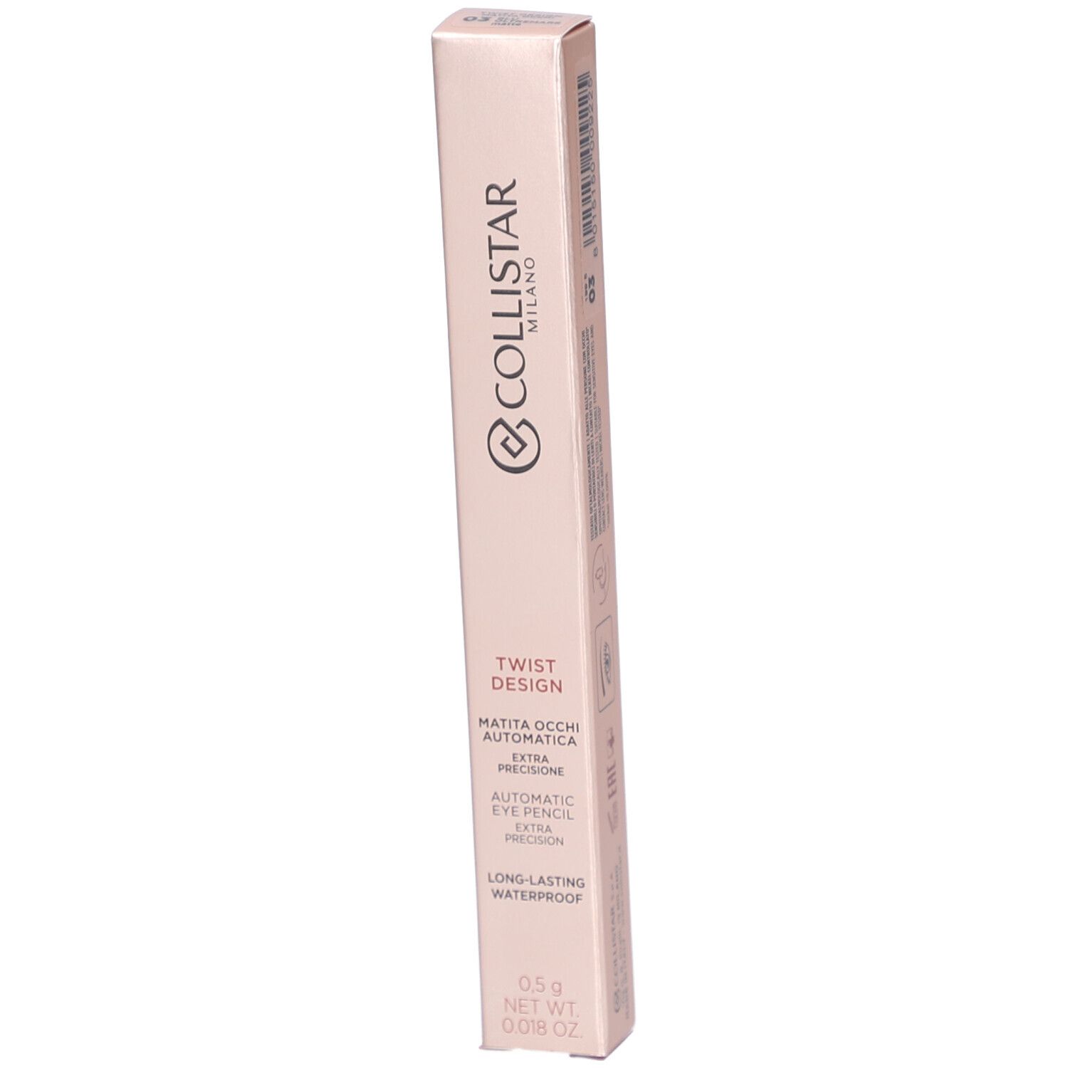 Collistar Twist Design Crayon Yeux. Boîte rose. Texte: Twist Design, Matita Occhi Automatica, Automatic Eye Pencil, Long-lasting Waterproof.